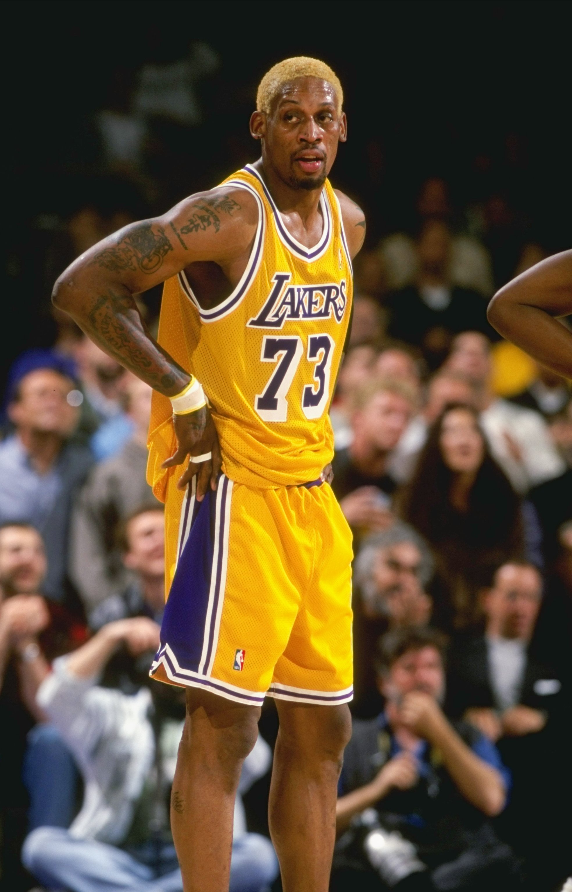 6 Apr 1999: Dennis Rodman #73 of the Los Angeles Lakers looks on the court during the game against the Utah Jazz at the Great Western Forum in Inglewood, California. The Jazz defeated the Lakers 106-93.   Mandatory Credit: Todd Warshaw  /Allsport