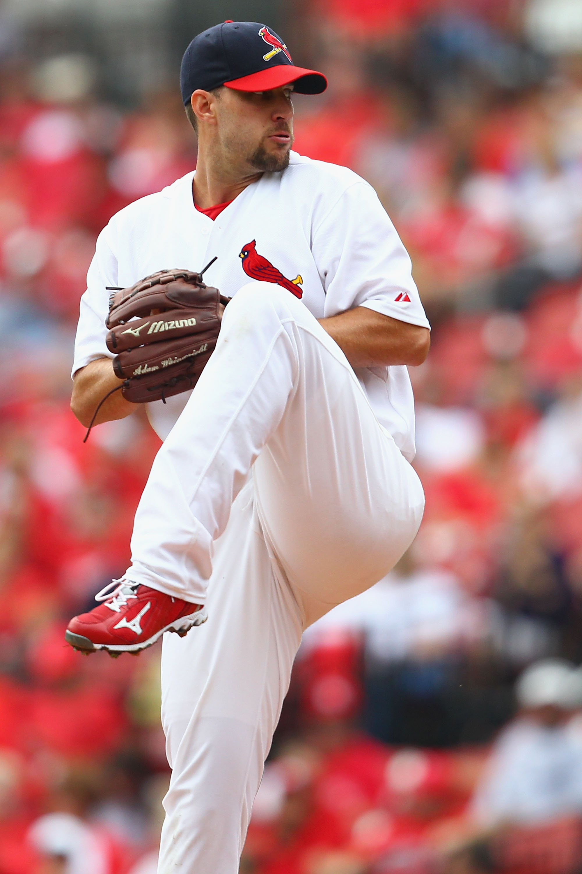 ST. LOUIS - SEPTEMBER 19: Starter Adam Wainwright #50 of the St. Louis Cardinals pitches against the San Diego Padres at Busch Stadium on September 19, 2010 in St. Louis, Missouri.  The Cardinals beat the Padres 4-1.  (Photo by Dilip Vishwanat/Getty Image
