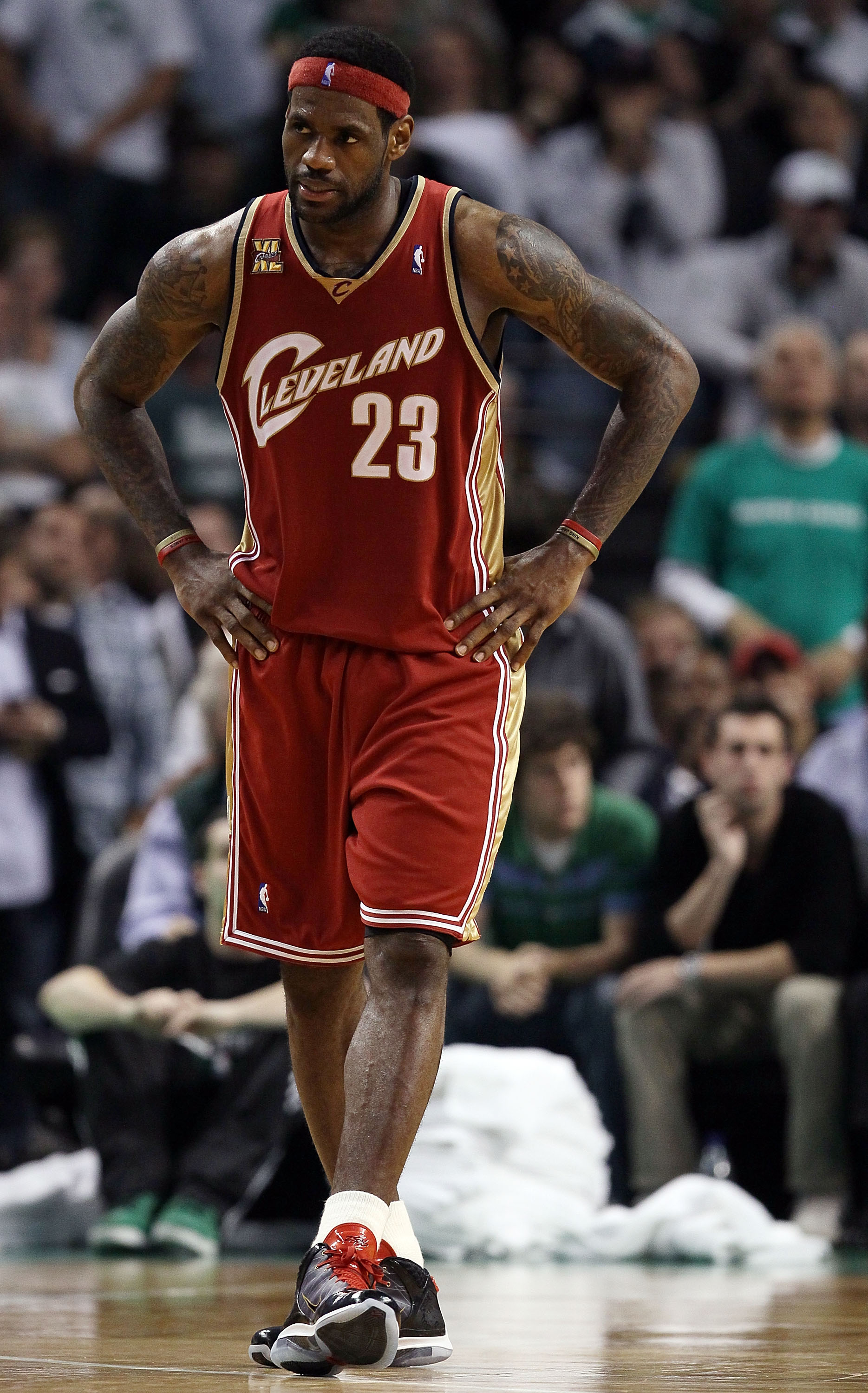 BOSTON - MAY 13:  LeBron James #23  of the Cleveland Cavaliers reacts late in the fourth quarter against the Boston Celtics during Game Six of the Eastern Conference Semifinals of the 2010 NBA playoffs at TD Garden on May 13, 2010 in Boston, Massachusetts