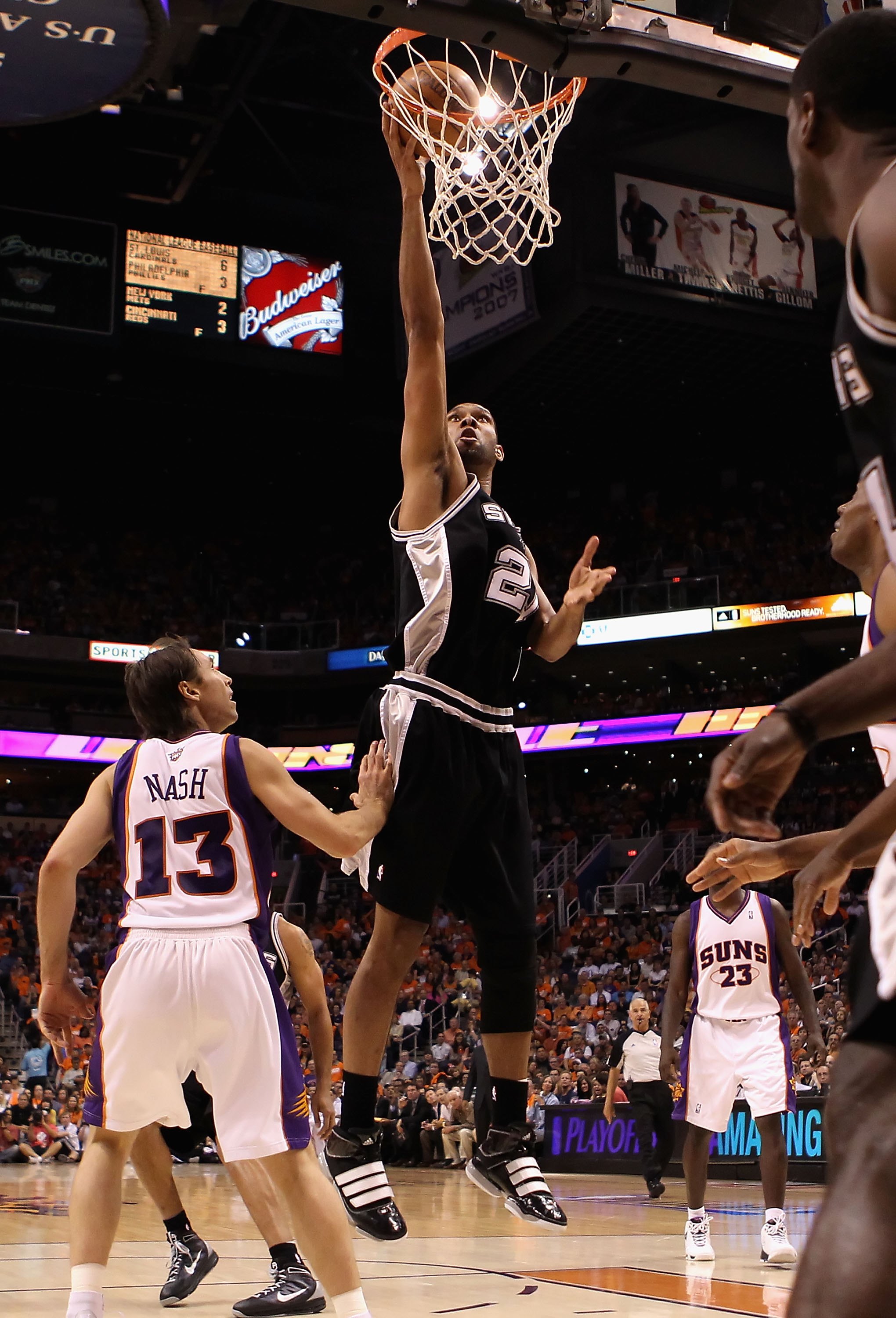 PHOENIX - MAY 03:  Tim Duncan #21 of the San Antonio Spurs puts up a shot against the Phoenix Suns during Game One of the Western Conference Semifinals of the 2010 NBA Playoffs at US Airways Center on May 3, 2010 in Phoenix, Arizona. The Suns defeated the