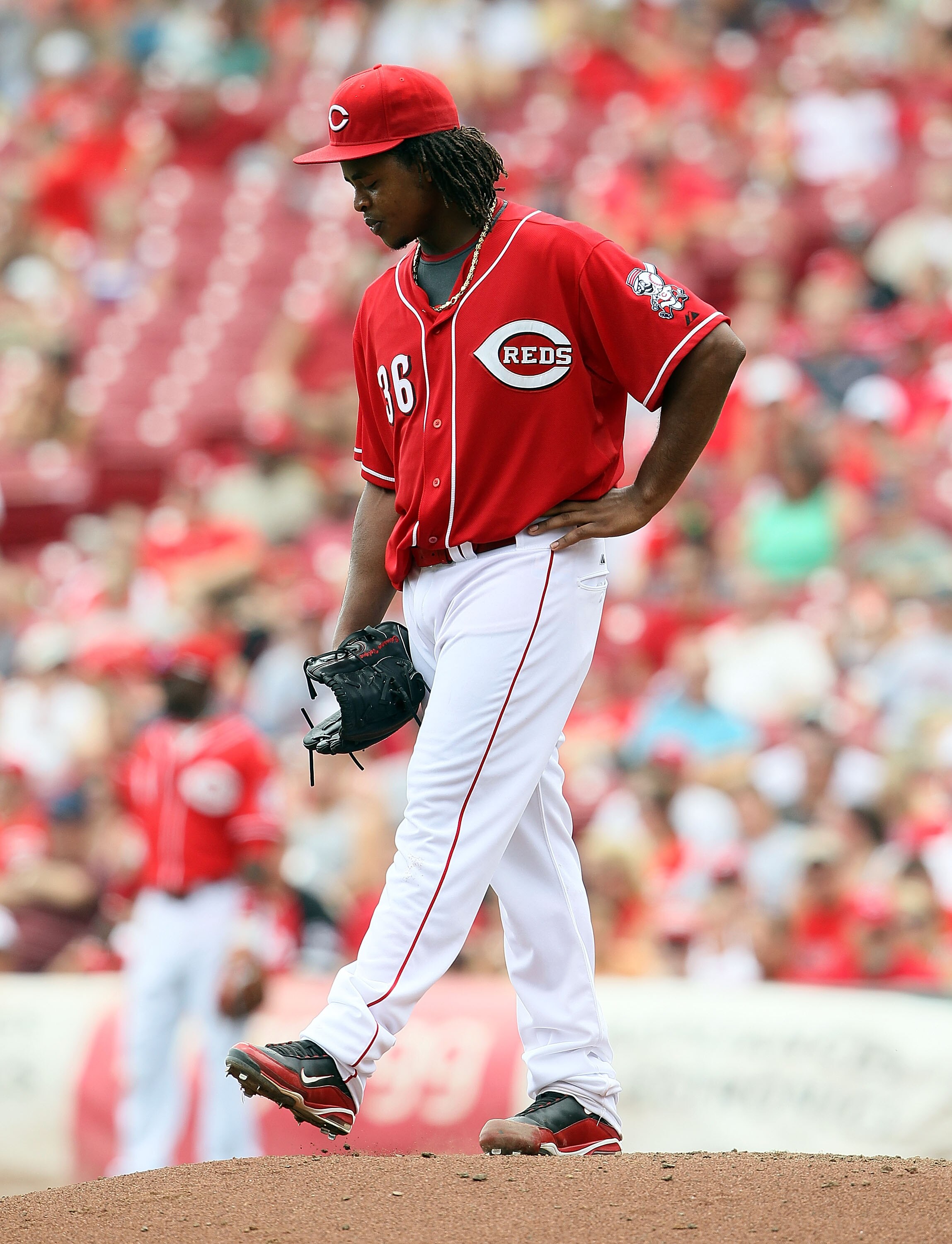CINCINNATI - JULY 22: Edinson Volquez #36 of the Cincinnati Reds is pictured after giving up his last hit and run allowed during the game against the Washington Nationals at Great American Ball Park on July 22, 2010 in Cincinnati, Ohio. He lasted only in