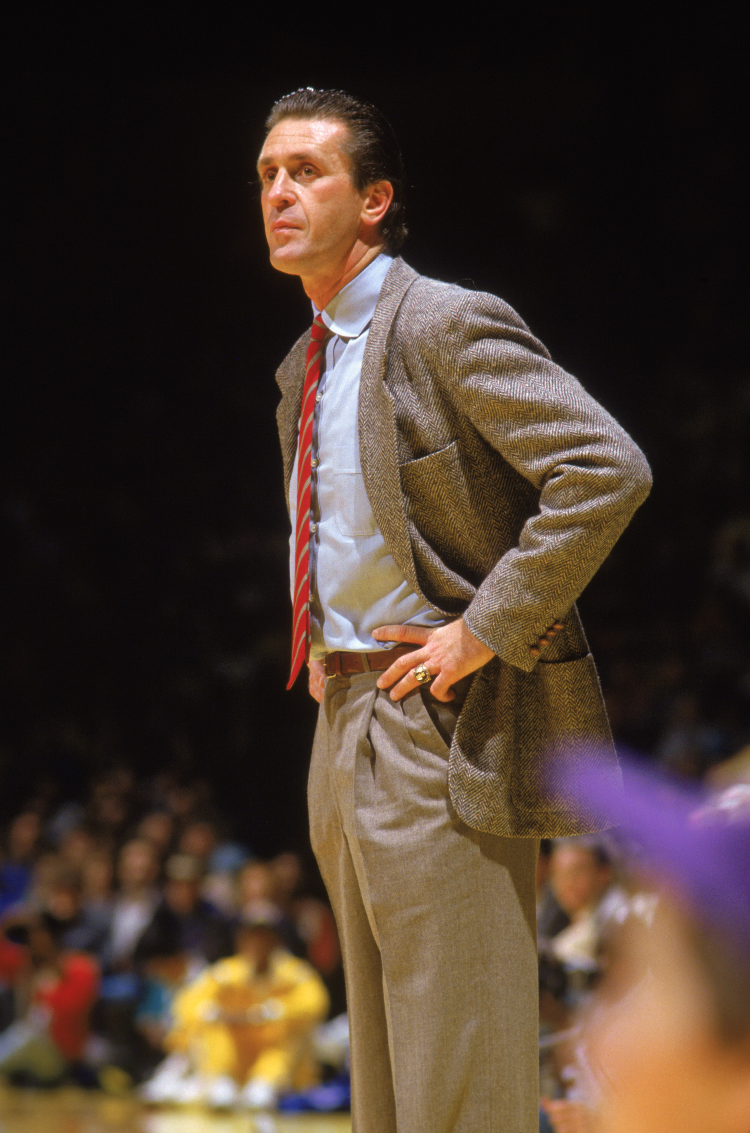 LOS ANGELES - 1987:  Head coach Pat Riley of the Los Angeles Lakers stands on the sideline during an NBA game at the Great Western Forum in Los Angeles, California in 1987.  (Photo by: Jonathan Daniel/Getty Images)