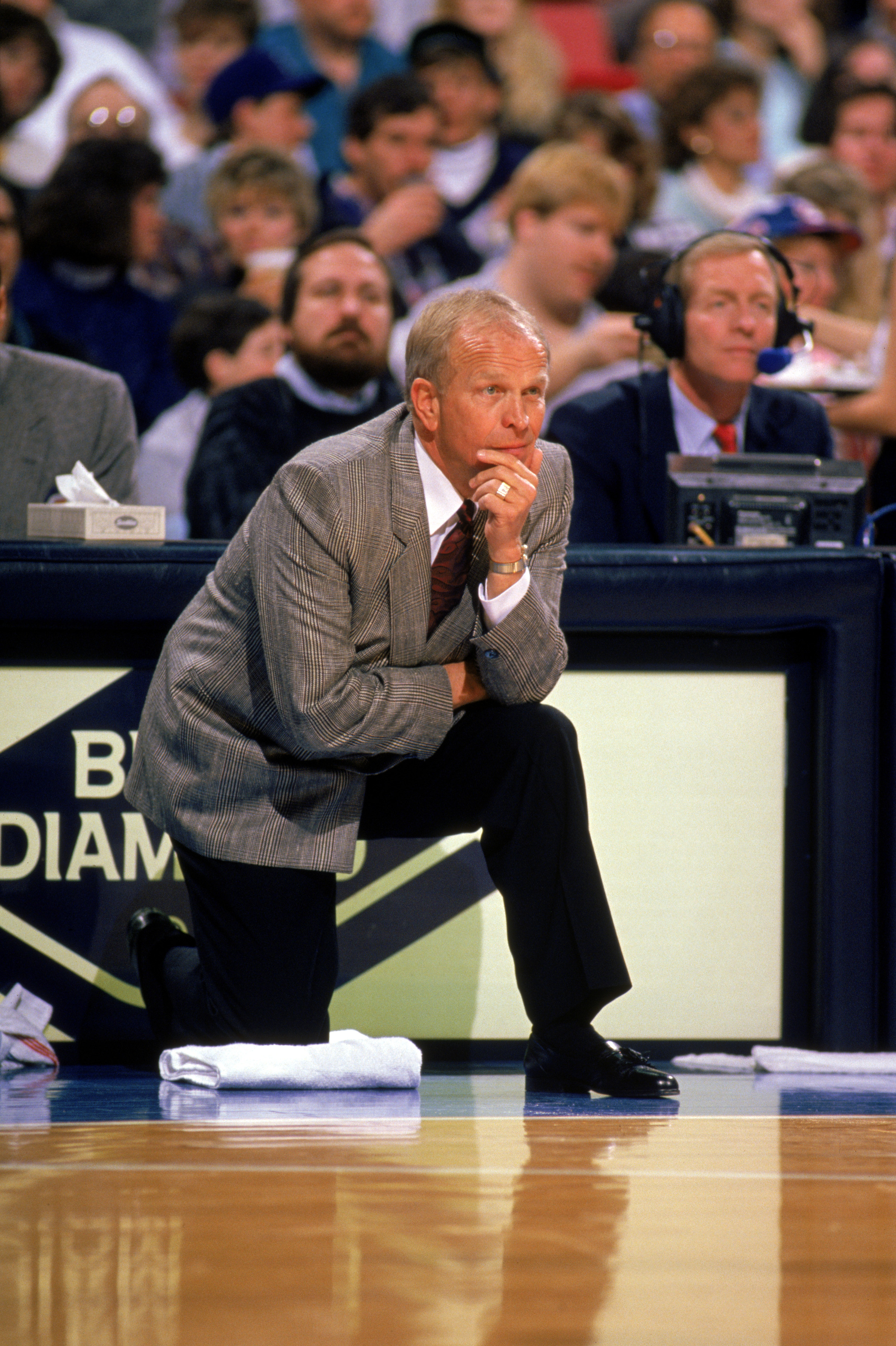 PHOENIX - 1989:  Head Coach Cotton Fitzsimmons of the Phoenix Suns looks on during a 1989 season NBA game at Veteran's Memorial Coliseum in Phoenix, Arizona.  (Photo by Otto Greule Jr/Getty Images)