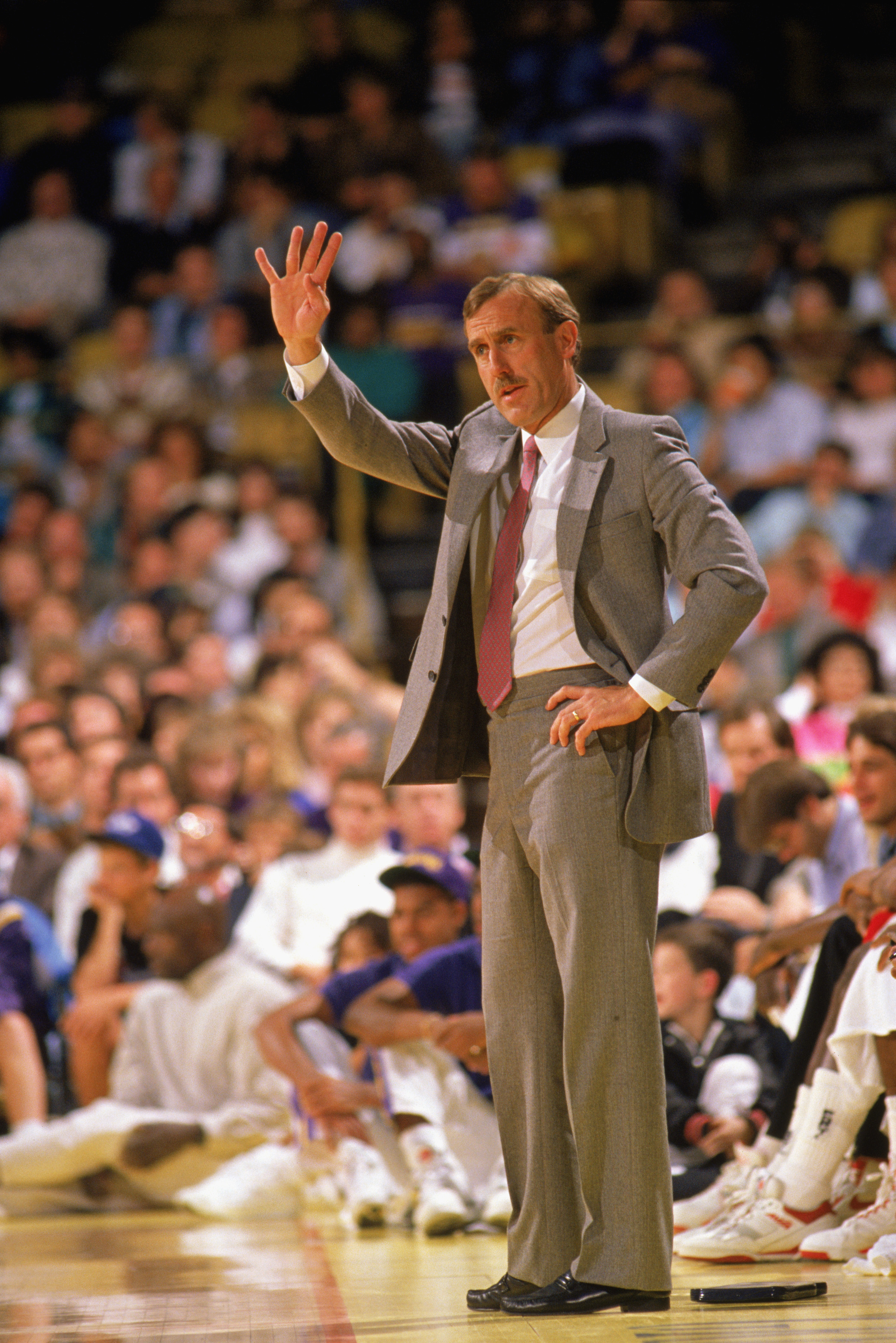 LOS ANGELES - 1990:  Head coach Rick Adelman of the Portland Trail Blazers reacts to the 1989-1990 NBA season game against the Los Angeles Lakers at the Great Western Forum in Los Angeles, California against the Los Angeles Lakers at the Great Western For