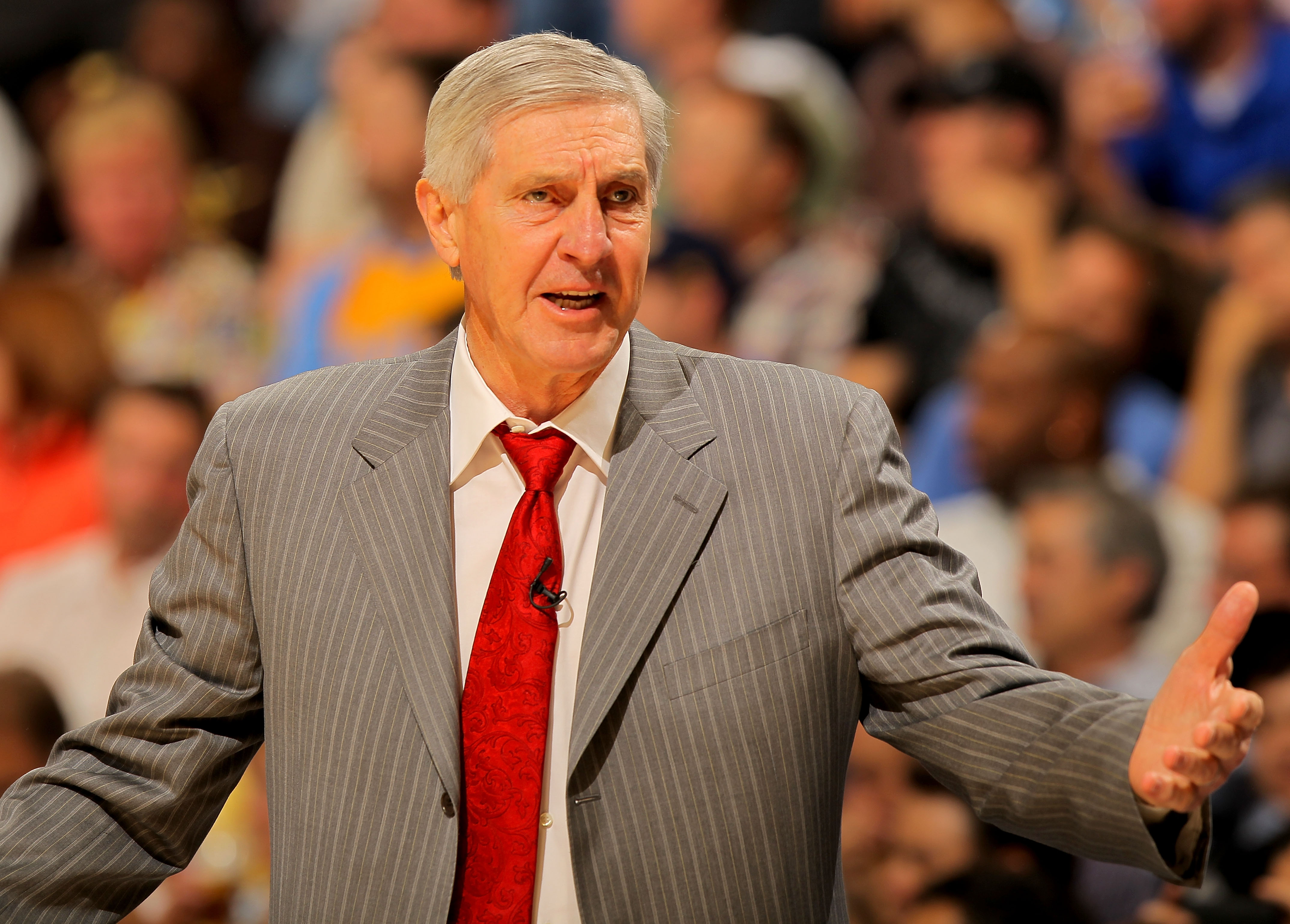 DENVER - APRIL 19:  Head coach Jerry Sloan of the Utah Jazz leads his team against the Denver Nuggets in Game Two of the NBA Western Conference Quarterfinals at the Pepsi Center on April 19, 2010 in Denver, Colorado. NOTE TO USER: User expressly acknowled