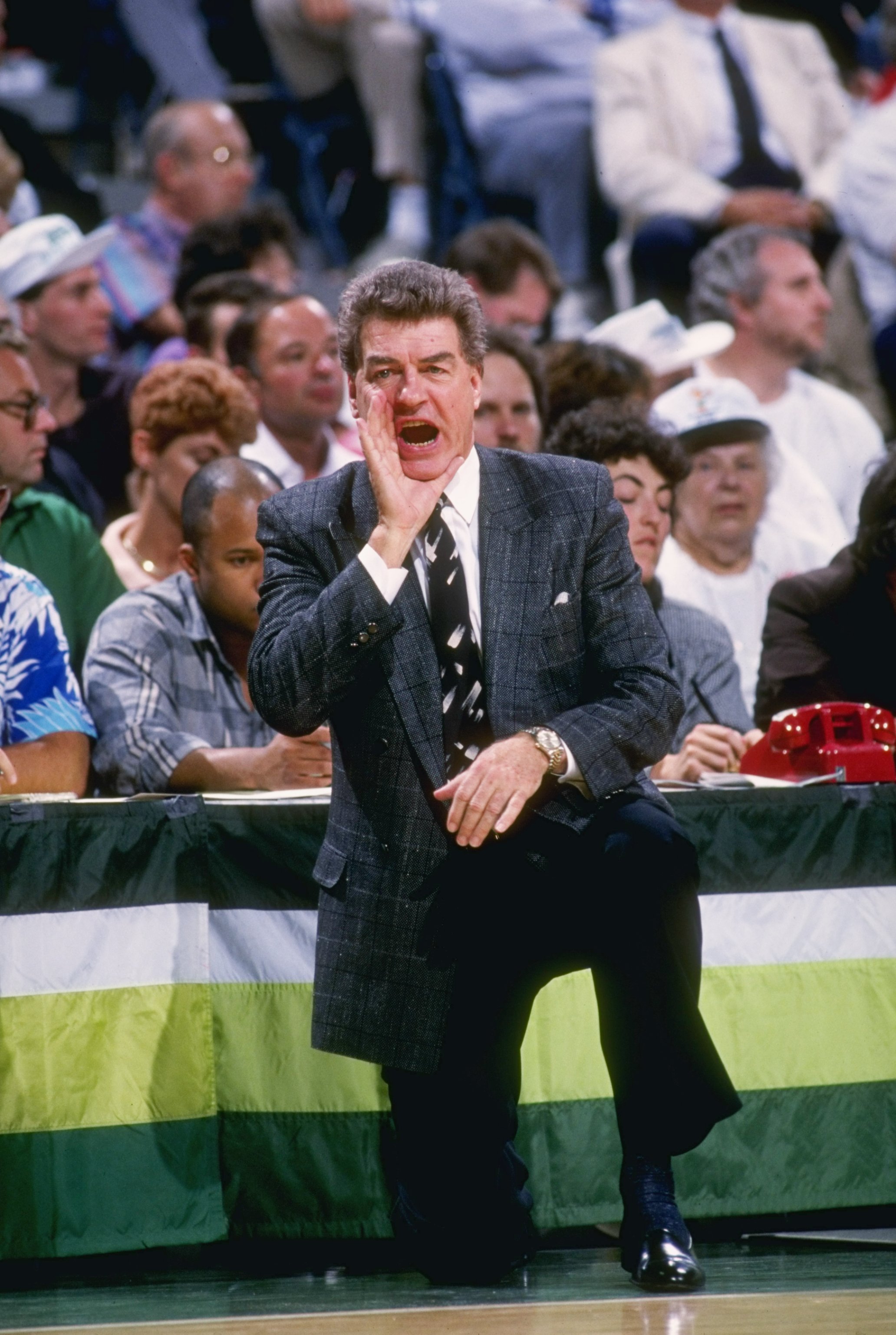 1988-1989:  Head coach Chuck Daly of the Detroit Pistons yells from the sidelines during a game against the Milwaukee Bucks at The Bradley Center in Milwaukee, Wisconsin. Mandatory Credit: Allsport  /Allsport