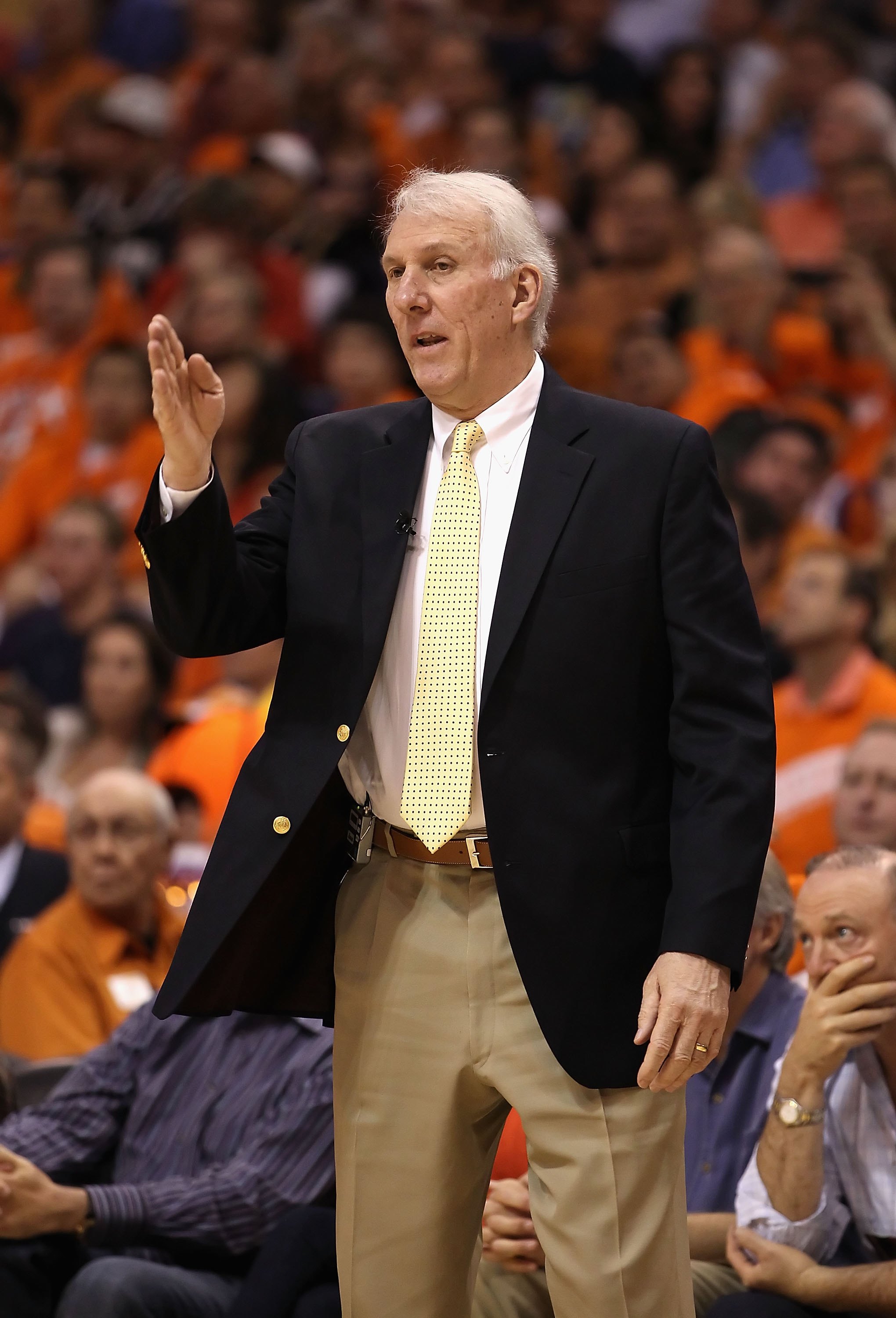 PHOENIX - MAY 03:  Head coach Gregg Popovich of the San Antonio Spurs reacts during Game One of the Western Conference Semifinals of the 2010 NBA Playoffs against the Phoenix Suns at US Airways Center on May 3, 2010 in Phoenix, Arizona. The Suns defeated