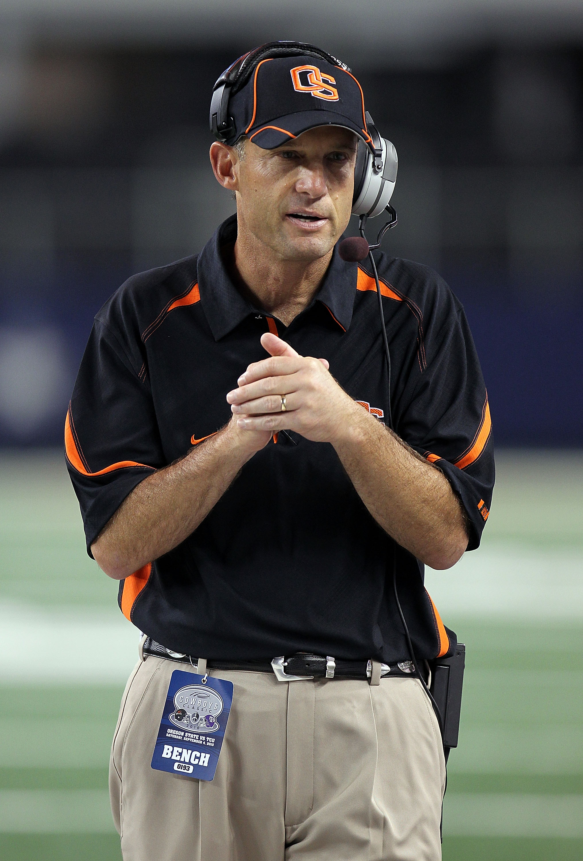 ARLINGTON, TX - SEPTEMBER 04: Head coach Mike Riley of the Oregon State Beavers on the sidelines during play against the TCU Horned Frogs at Cowboys Stadium on September 4, 2010 in Arlington, Texas. (Photo by Ronald Martinez/Getty Images)