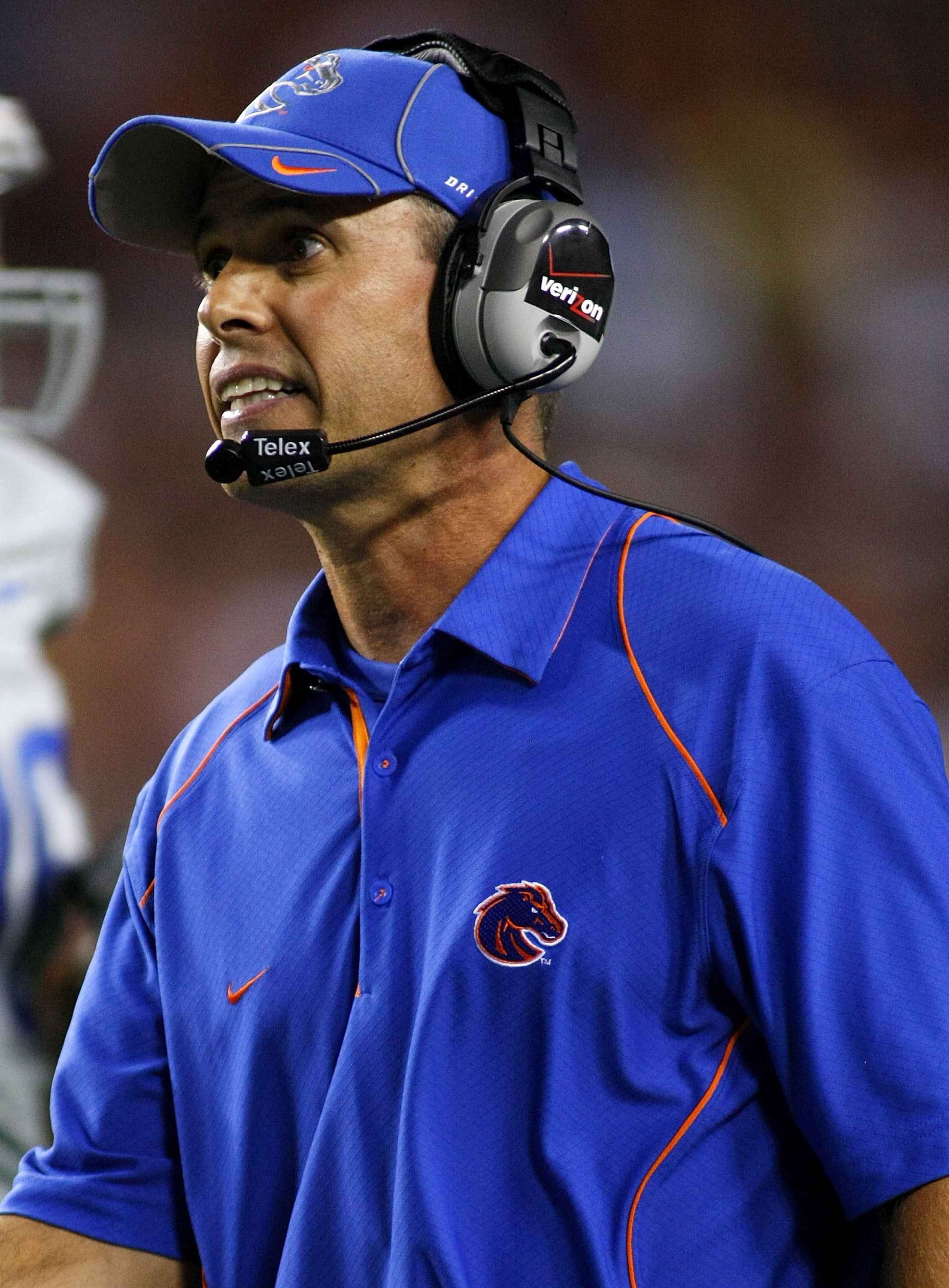 LANDOVER, MD - SEPTEMBER 06: Boise State Broncos head coach Chris Petersen watches from the sidelines against the Virginia Tech Hokies at FedExField on September 6, 2010 in Landover, Maryland. (Photo by Geoff Burke/Getty Images)