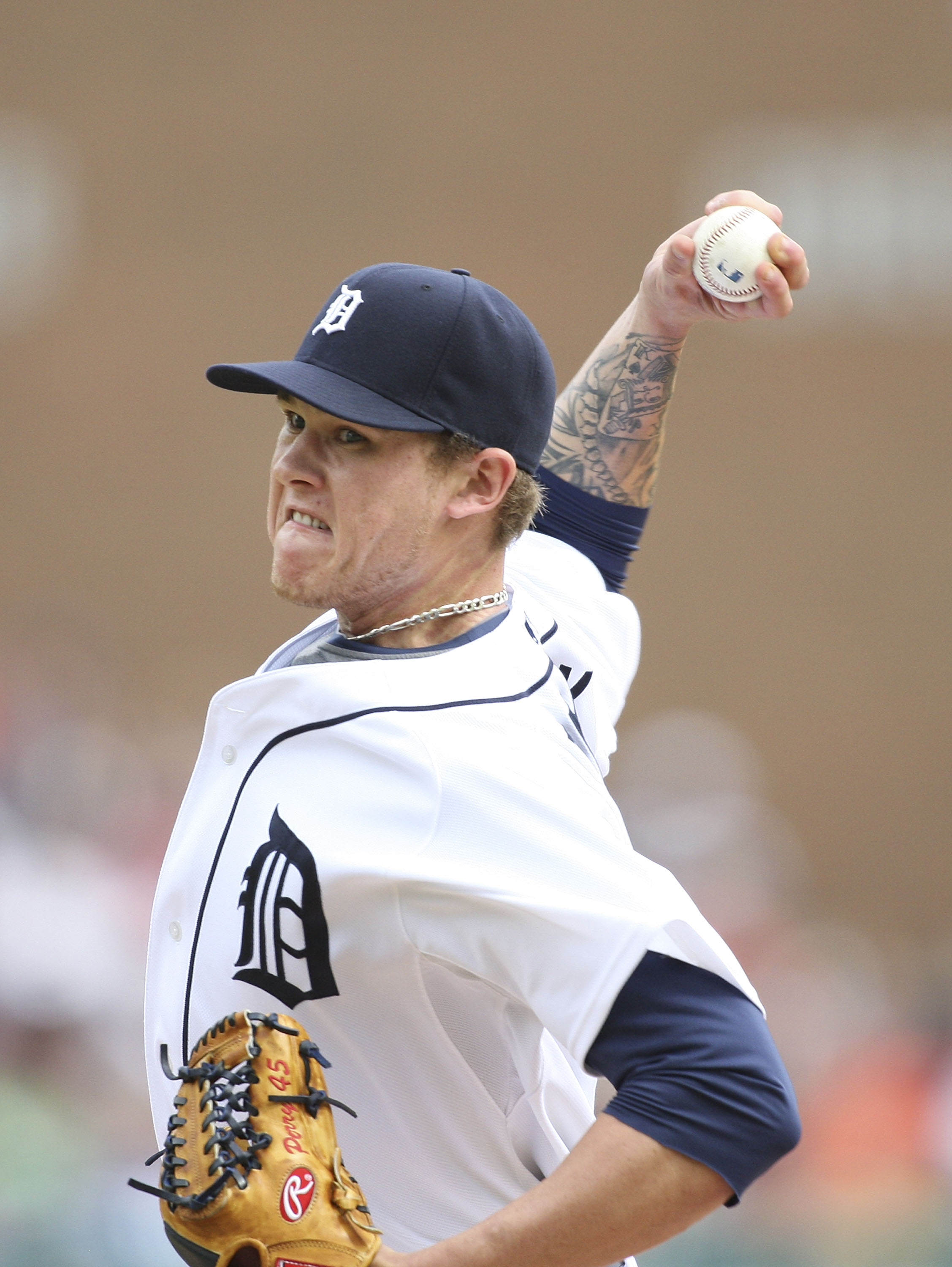 DETROIT - MAY 01:  Ryan Perry #45 of the Detroit Tigers pitches in the ninth inning and gets his first win of the year against the Los Angeles Angels of Anaheim during the game on May 1, 2010 at Comerica Park in Detroit, Michigan. The Tigers defeated the 
