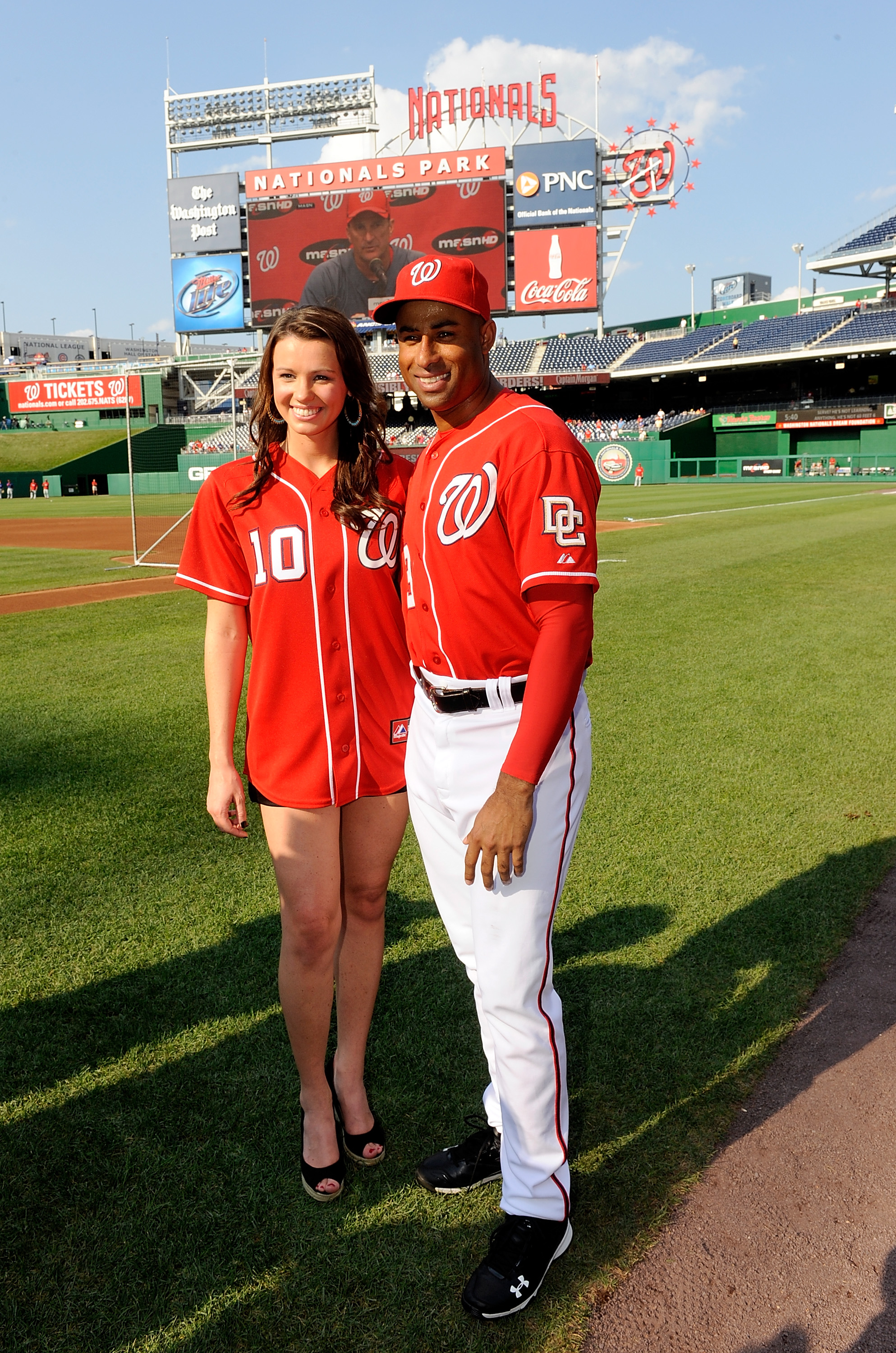 WASHINGTON - JULY 30:  Katherine Connors, Miss Iowa 2010, poses for a photo with Miguel Batista #43 of the Washington Nationals before the game against the Philadelphia Phillies at Nationals Park on July 30, 2010 in Washington, DC.  (Photo by Greg Fiume/G