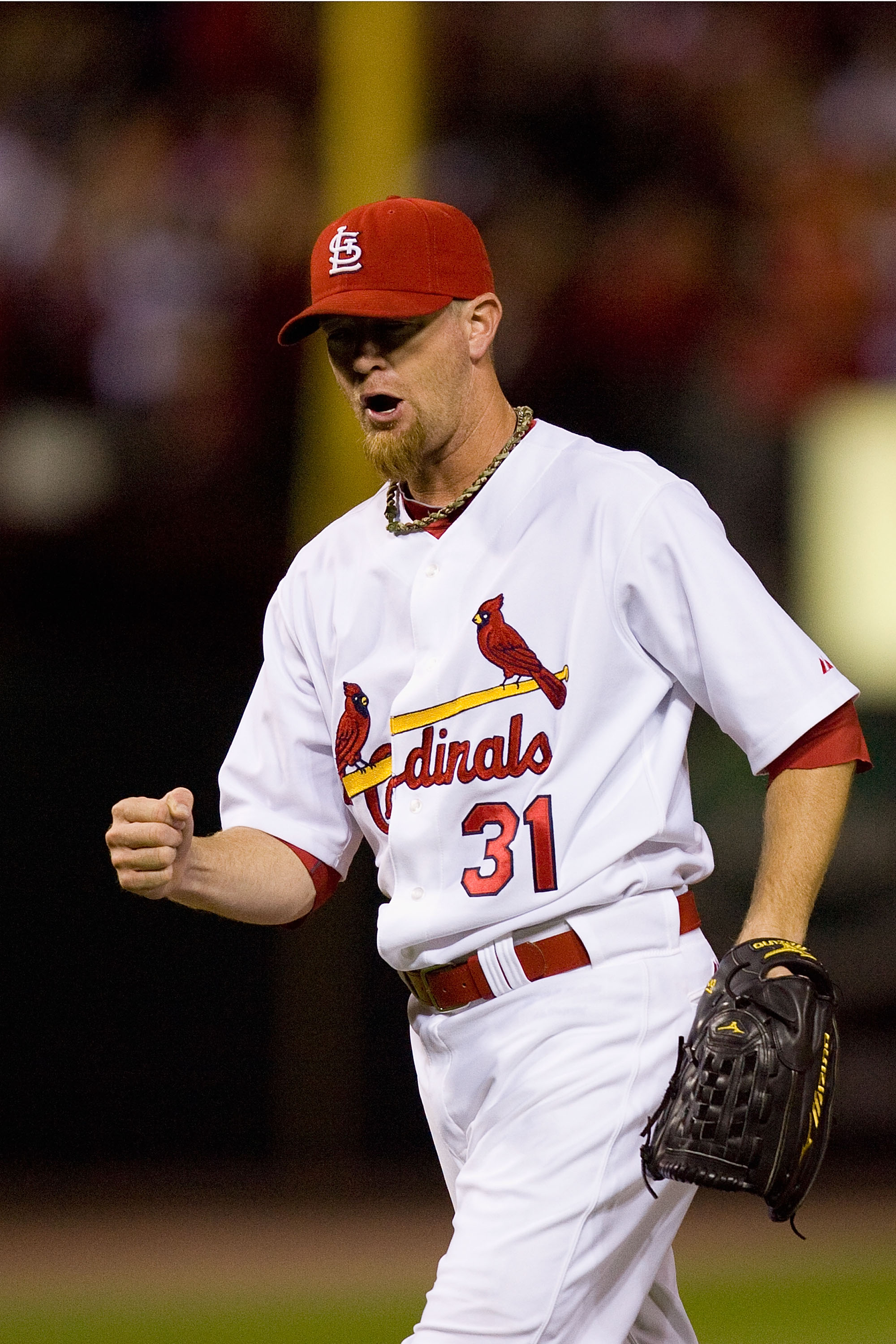 ST. LOUIS - SEPTEMBER 3: Reliever Ryan Franklin #31 of the St. Louis Cardinals celebrates beating the Cincinnati Reds at Busch Stadium on September 3, 2010 in St. Louis, Missouri.  The Cardinals beat the Reds 3-2.  (Photo by Dilip Vishwanat/Getty Images)