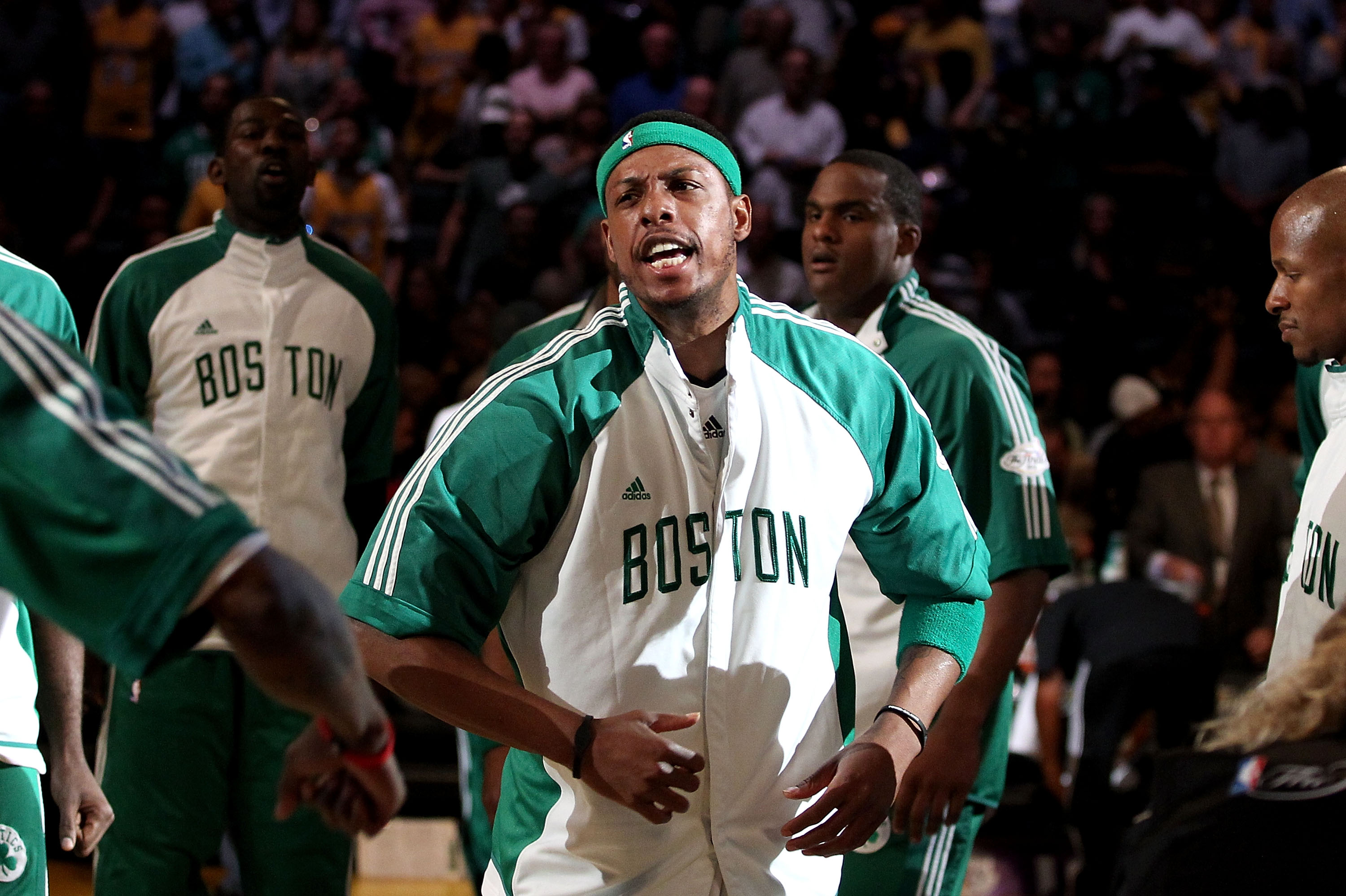 LOS ANGELES, CA - JUNE 15:  Paul Pierce #34 of the Boston Celtics is introduced before the game against the Los Angeles Lakers in Game Six of the 2010 NBA Finals at Staples Center on June 15, 2010 in Los Angeles, California.  NOTE TO USER: User expressly