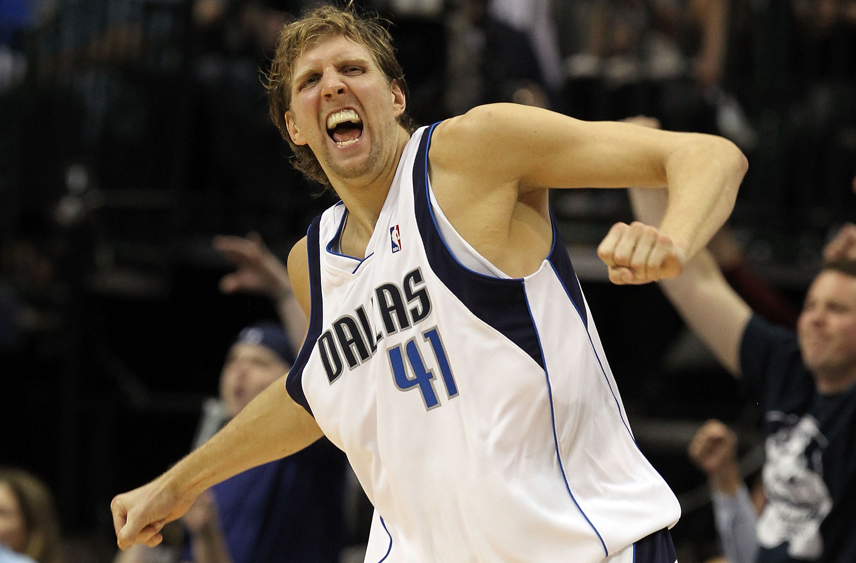 DALLAS - APRIL 18:  Forward Dirk Nowitzki #41 of the Dallas Mavericks reacts during play against the San Antonio Spurs in Game One of the Western Conference Quarterfinals during the 2010 NBA Playoffs at American Airlines Center on April 18, 2010 in Dallas