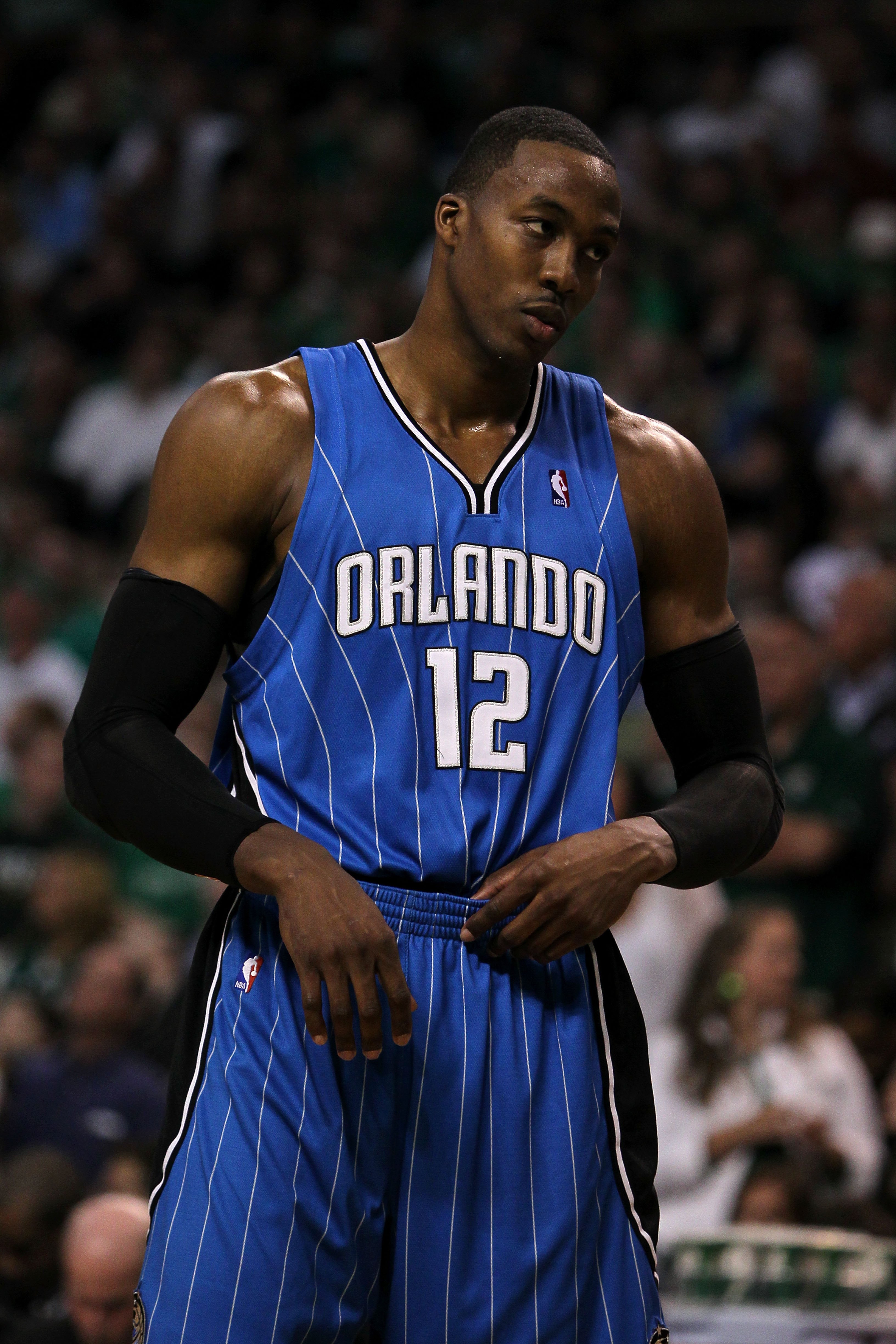 BOSTON - MAY 28:  Dwight Howard of the Orlando Magic looks on against the Boston Celtics in Game Six of the Eastern Conference Finals during the 2010 NBA Playoffs at TD Garden on May 28, 2010 in Boston, Massachusetts.  NOTE TO USER: User expressly acknowl