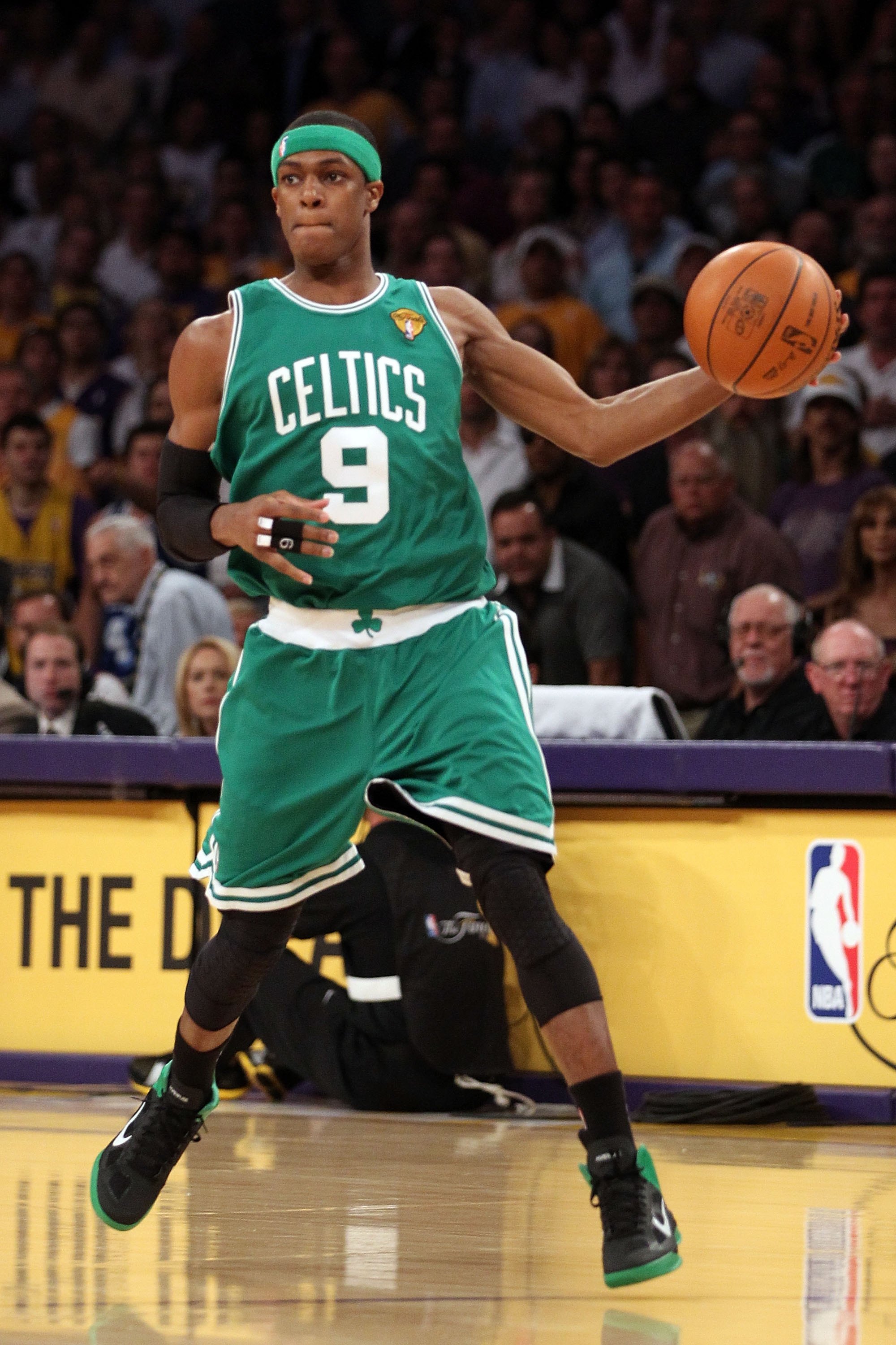 LOS ANGELES, CA - JUNE 15:  Rajon Rondo #9 of the Boston Celtics moves the ball while taking on the Los Angeles Lakers in Game Six of the 2010 NBA Finals at Staples Center on June 15, 2010 in Los Angeles, California.  NOTE TO USER: User expressly acknowle