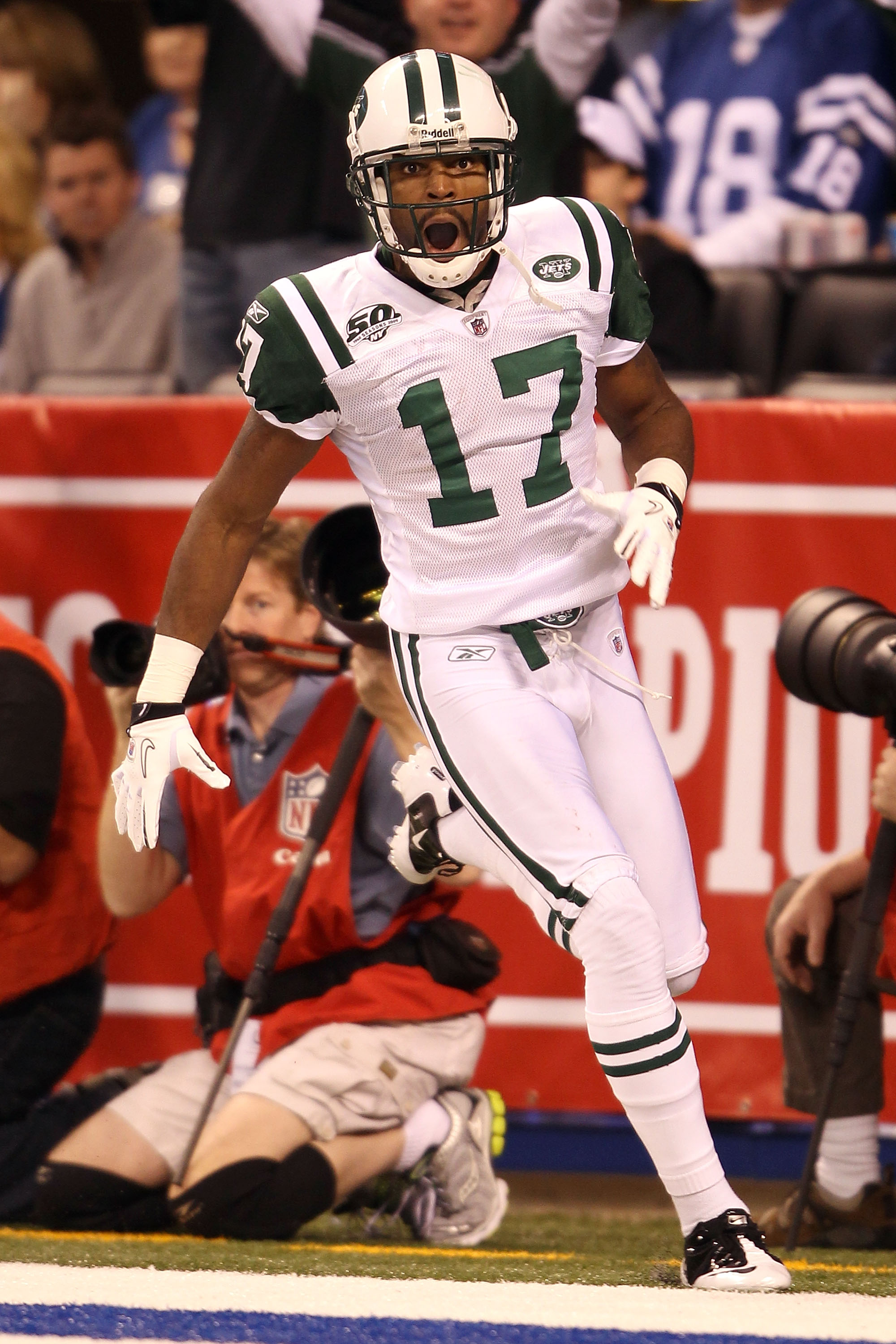 INDIANAPOLIS - JANUARY 24:  Wide receiver Braylon Edwards #17 of the New York Jets celebrates in the endzone after catching an 80-yard touchdown pass in the second quarter against the Indianapolis Colts during the AFC Championship Game at Lucas Oil Stadiu