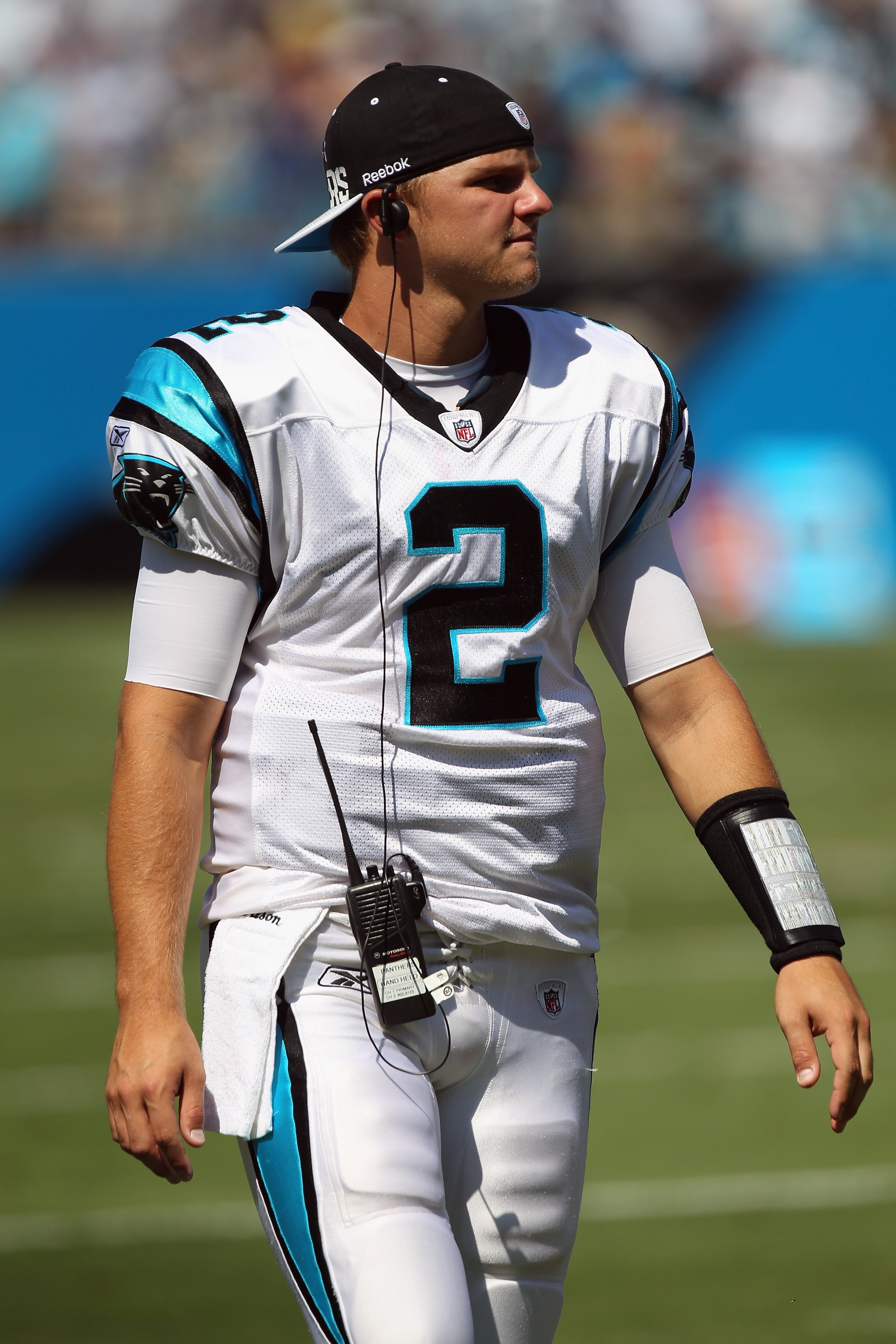 CHARLOTTE, NC - SEPTEMBER 19: Jimmy Clausen #2 of the Carolina Panthers against the Tampa Bay Buccaneers during their game at Bank of America Stadium on September 19, 2010 in Charlotte, North Carolina. (Photo by Streeter Lecka/Getty Images)