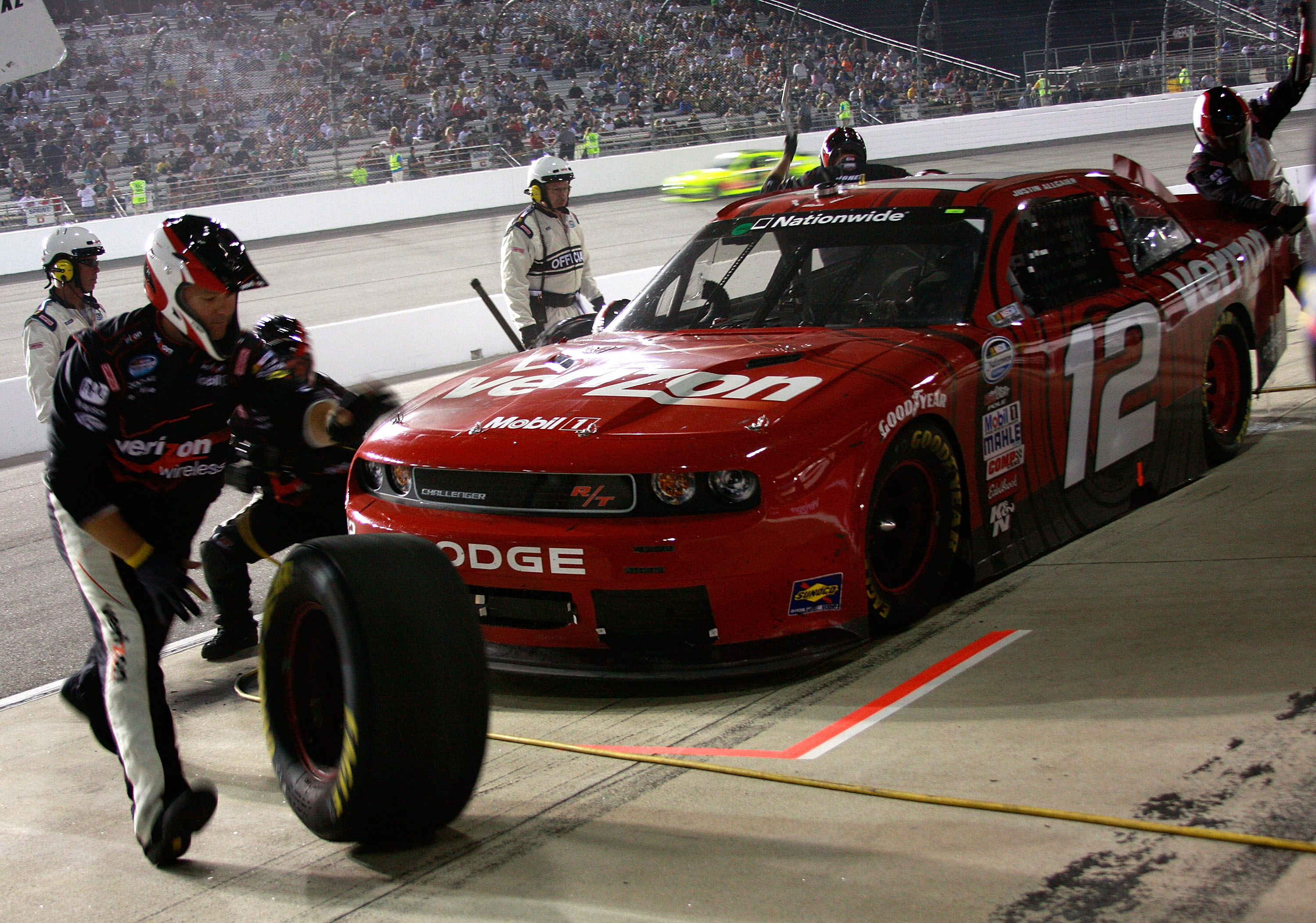 RICHMOND, VA - SEPTEMBER 10:  Justin Allgaier, driver of the #12 Verizon Wireless Dodge, pits during the NASCAR Nationwide Series Virginia 529 College Savings 250 at Richmond International Raceway on September 10, 2010 in Richmond, Virginia.  (Photo by Ch