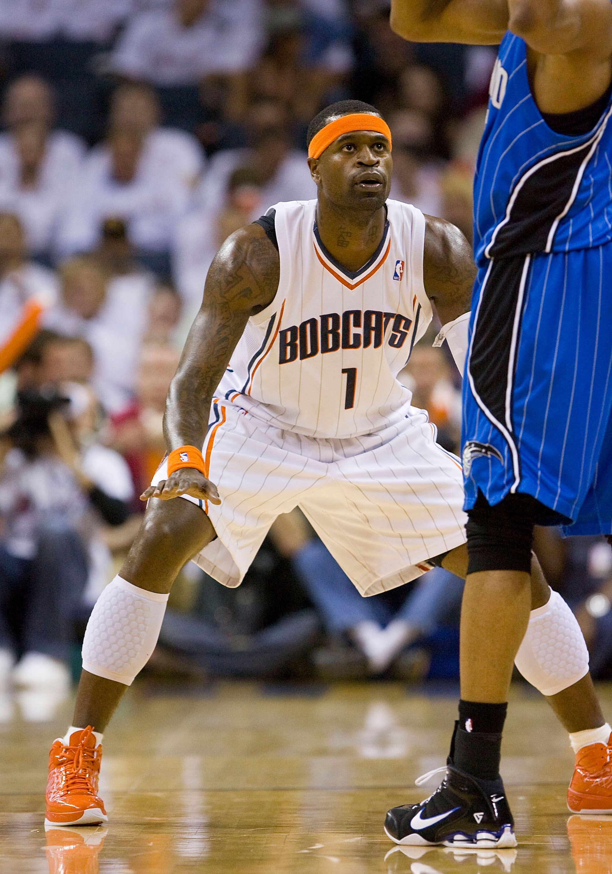 CHARLOTTE, NC - APRIL 26: Stephen Jackson #1 of the Charlotte Bobcats on defense against the Orlando Magic at Time Warner Cable Arena on April 26, 2010 in Charlotte, North Carolina.  The Magic defeated the Bobcats 99-90 to complete the four game sweep.  N