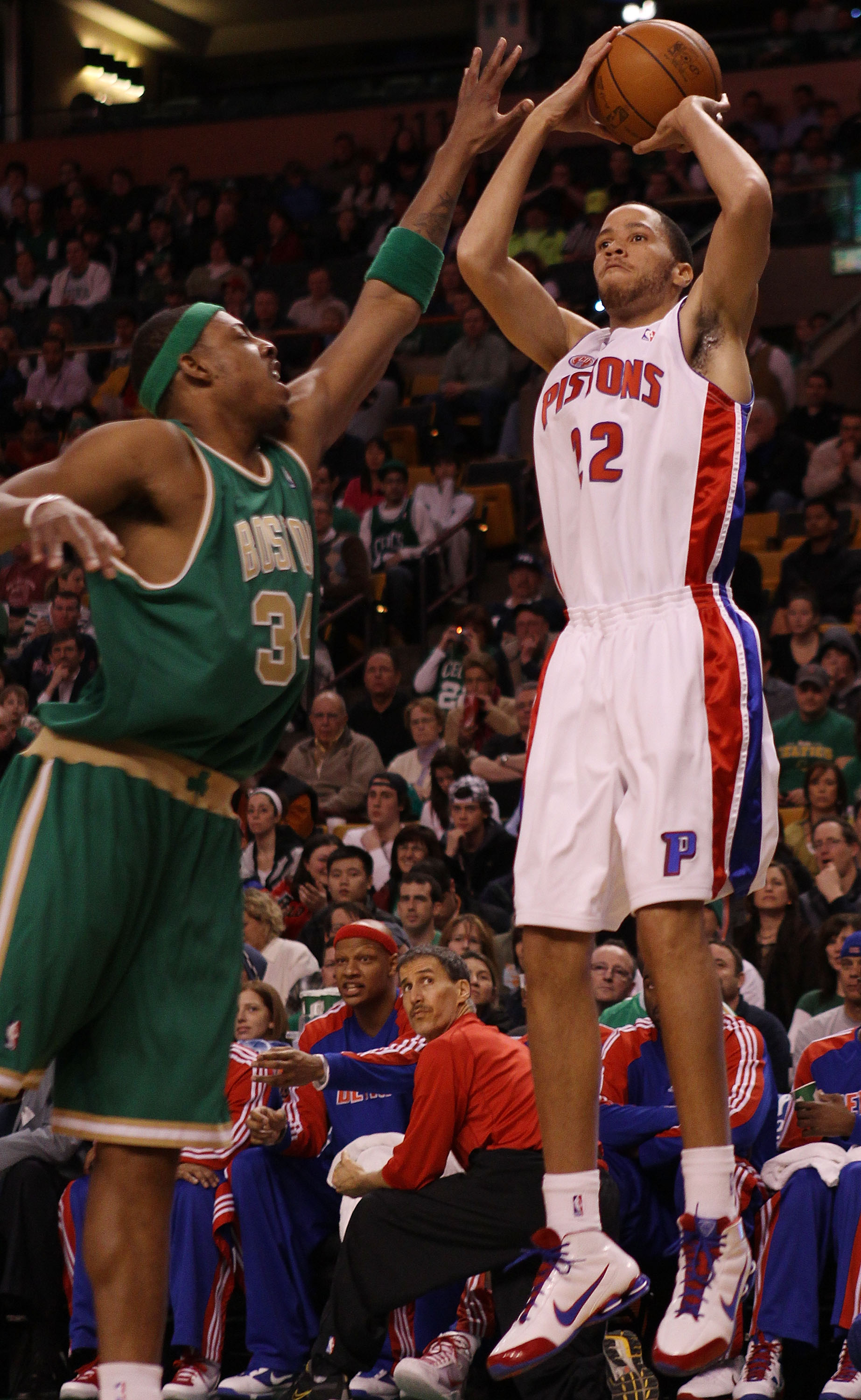 BOSTON - MARCH 15:  Tayshaun Prince #22 of the Detroit Pistons takes a shot as Paul Pierce #34 of the Boston Celtics defends on March 15, 2010 at the TD Garden in Boston, Massachusetts.  NOTE TO USER: User expressly acknowledges and agrees that, by downlo