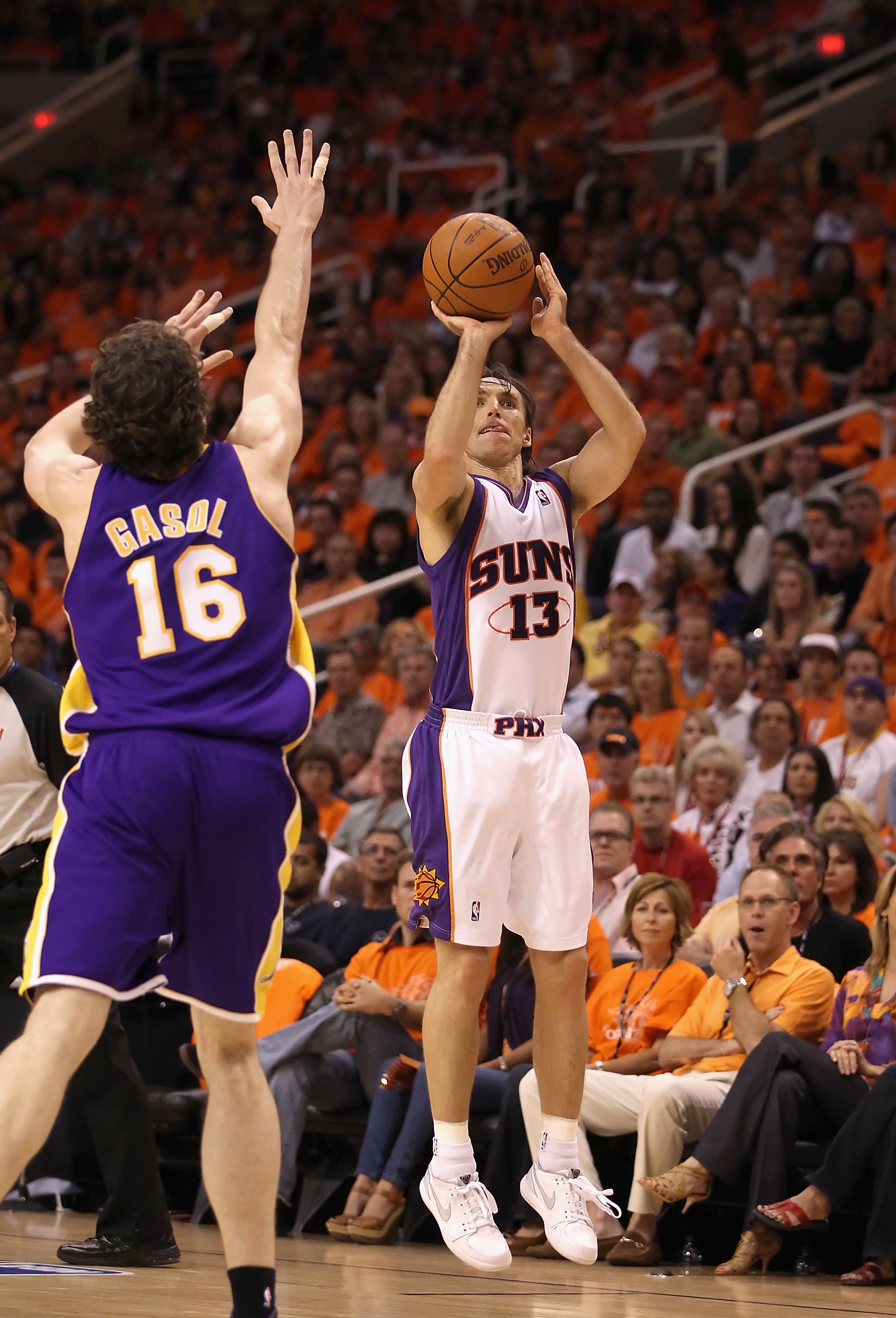 PHOENIX - MAY 29:  Steve Nash #13 of the Phoenix Suns puts up a shot during Game Six of the Western Conference finals of the 2010 NBA Playoffs against the Los Angeles Lakers at US Airways Center on May 29, 2010 in Phoenix, Arizona. The Lakers defeated the