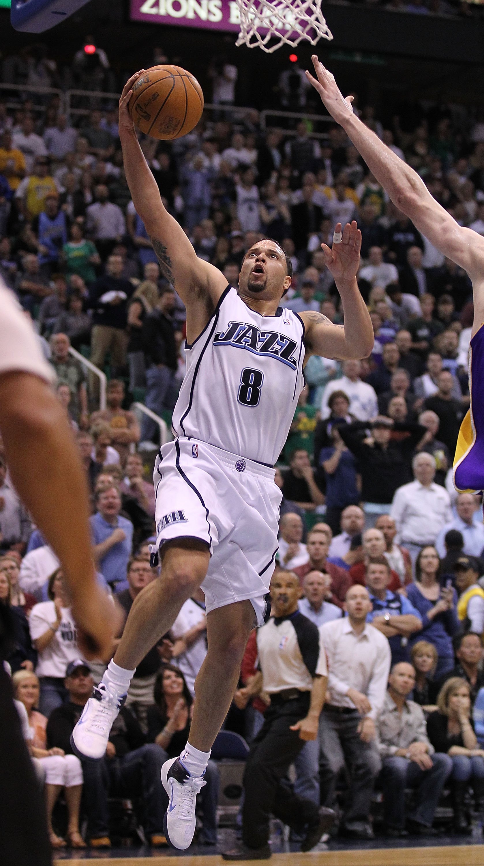 SALT LAKE CITY - MAY 10:  Deron Williams #8 of the Utah Jazz in action against the Los Angeles Lakers during Game Four of the Western Conference Semifinals of the 2010 NBA Playoffs on May 10, 2010 at Energy Solutions Arena in Salt Lake City, Utah. NOTE TO