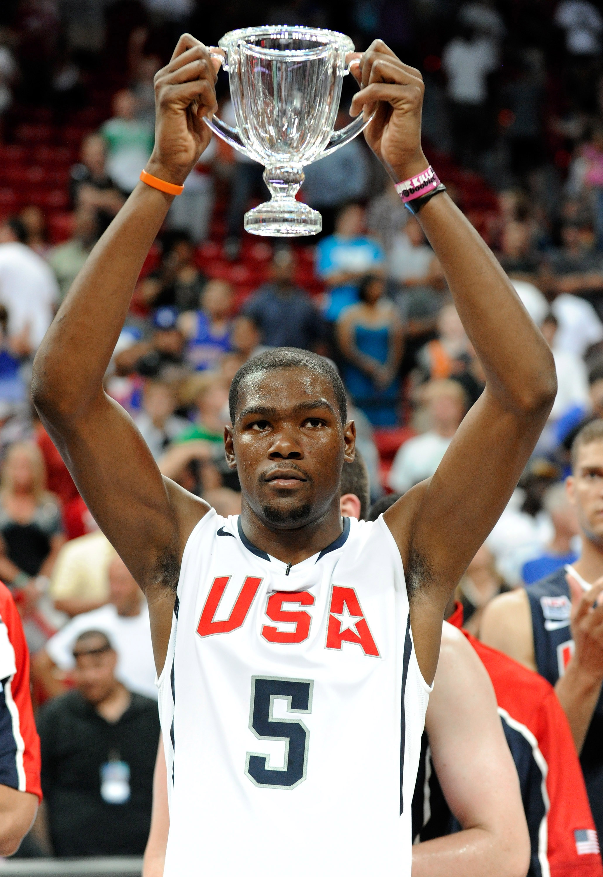 LAS VEGAS - JULY 24:  Kevin Durant #5 of the 2010 USA Basketball Men's National Team holds up a Tiffany & Co. player-of-the-game cup after a USA Basketball showcase at the Thomas & Mack Center on July 24, 2010 in Las Vegas, Nevada.  (Photo by Ethan Miller
