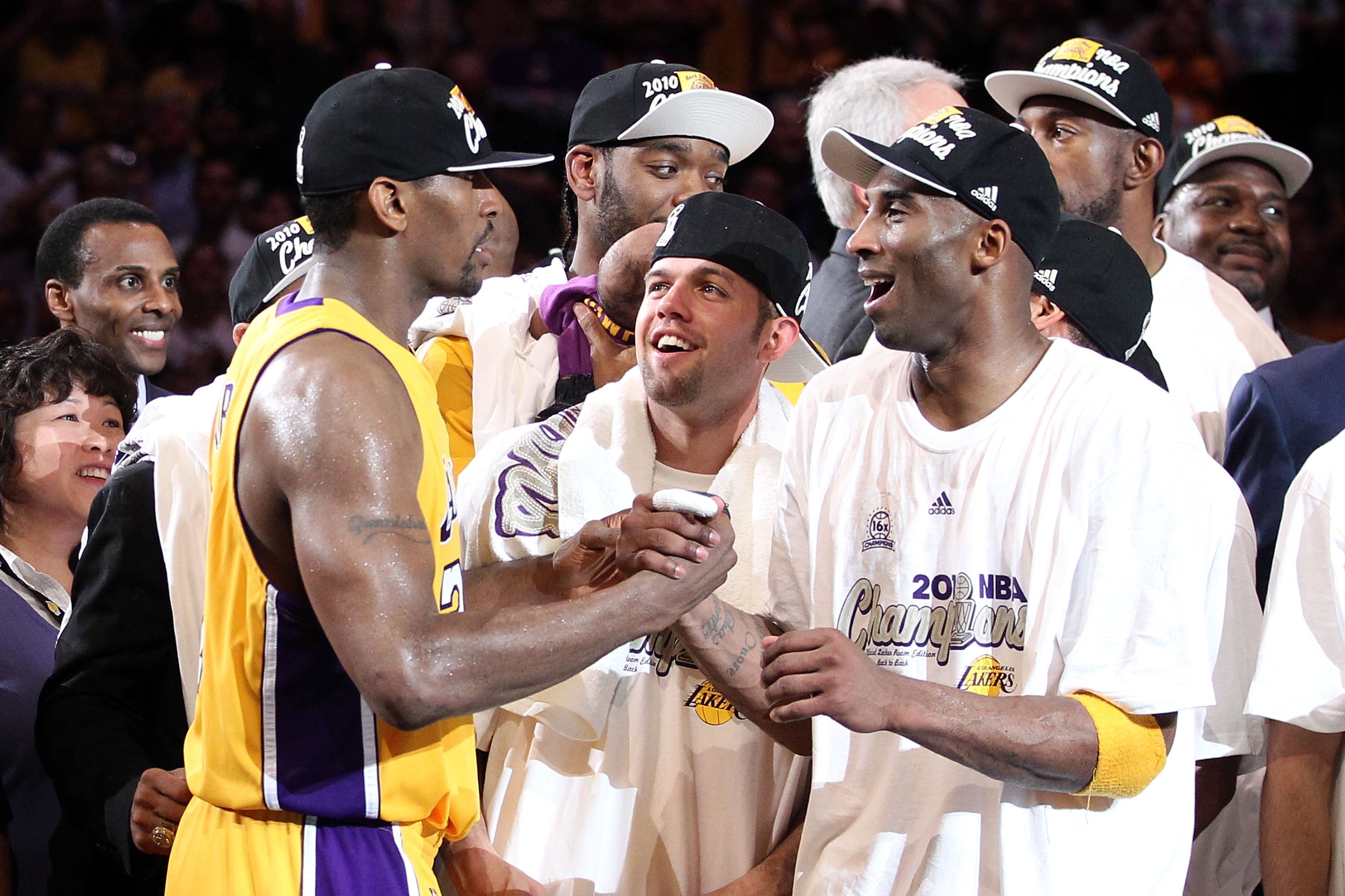 LOS ANGELES, CA - JUNE 17:  Ron Artest #37, Jordan Farmar #1 and Kobe Bryant #24 of the Los Angeles Lakers celebrate after the Lakers defeated the Boston Celtics in Game Seven of the 2010 NBA Finals at Staples Center on June 17, 2010 in Los Angeles, Calif