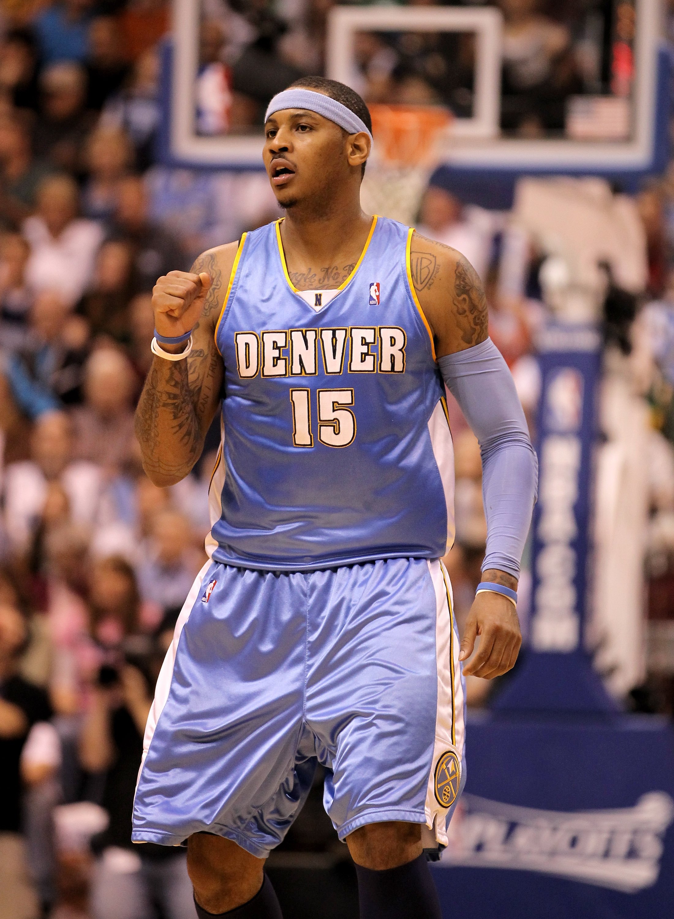 SALT LAKE CITY - APRIL 30:  Carmelo Anthony #15 of the Denver Nuggets pumps his fist during their game against the Utah Jazz in Game Six of the Western Conference Quarterfinals of the 2010 NBA Playoffs at EnergySolutions Arena on April 30, 2010 in Salt La