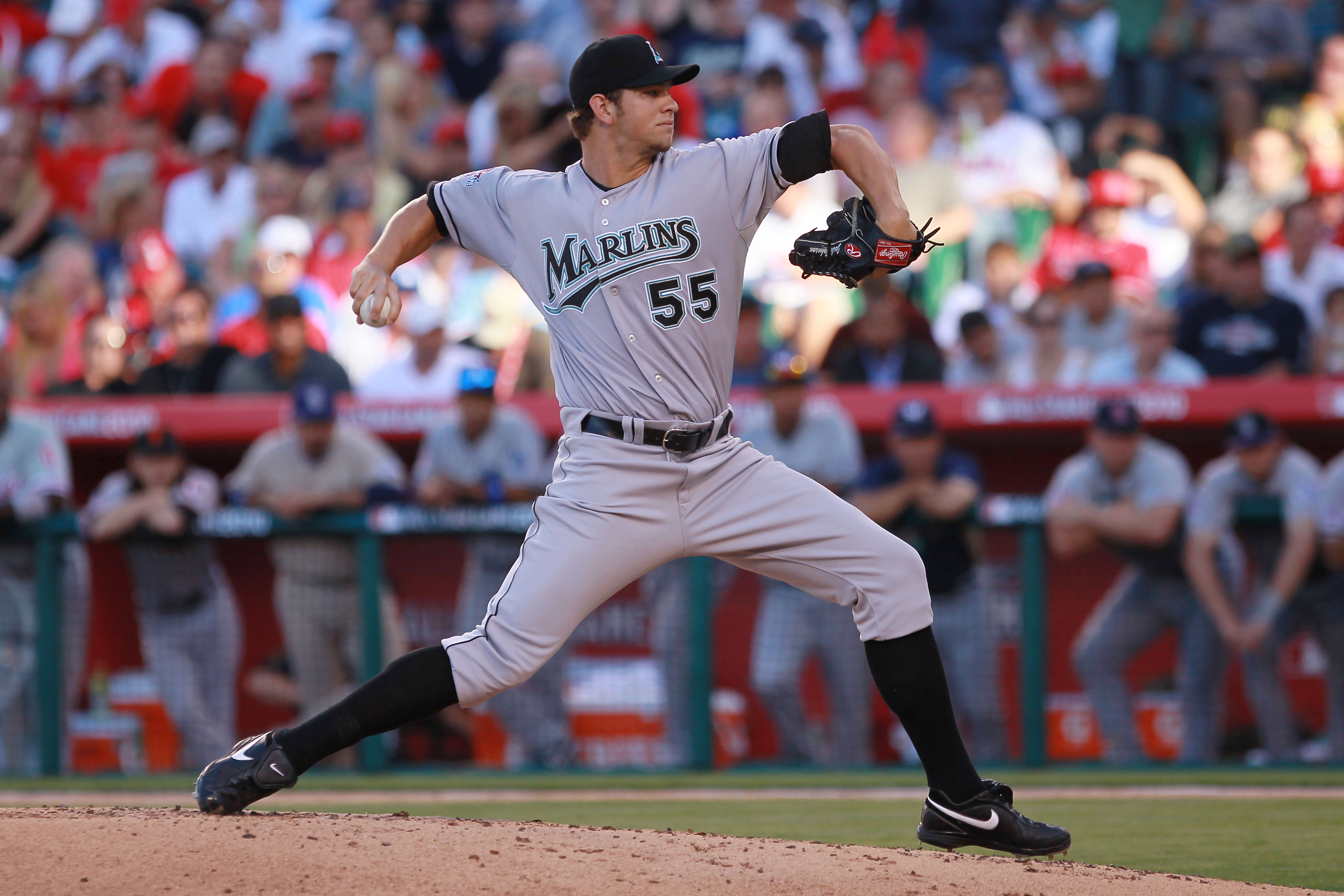 ANAHEIM, CA - JULY 13:  National League All-Star Josh Johnson #55 of the Florida Marlins throws a pitch during the 81st MLB All-Star Game at Angel Stadium of Anaheim on July 13, 2010 in Anaheim, California.  (Photo by Jeff Gross/Getty Images)