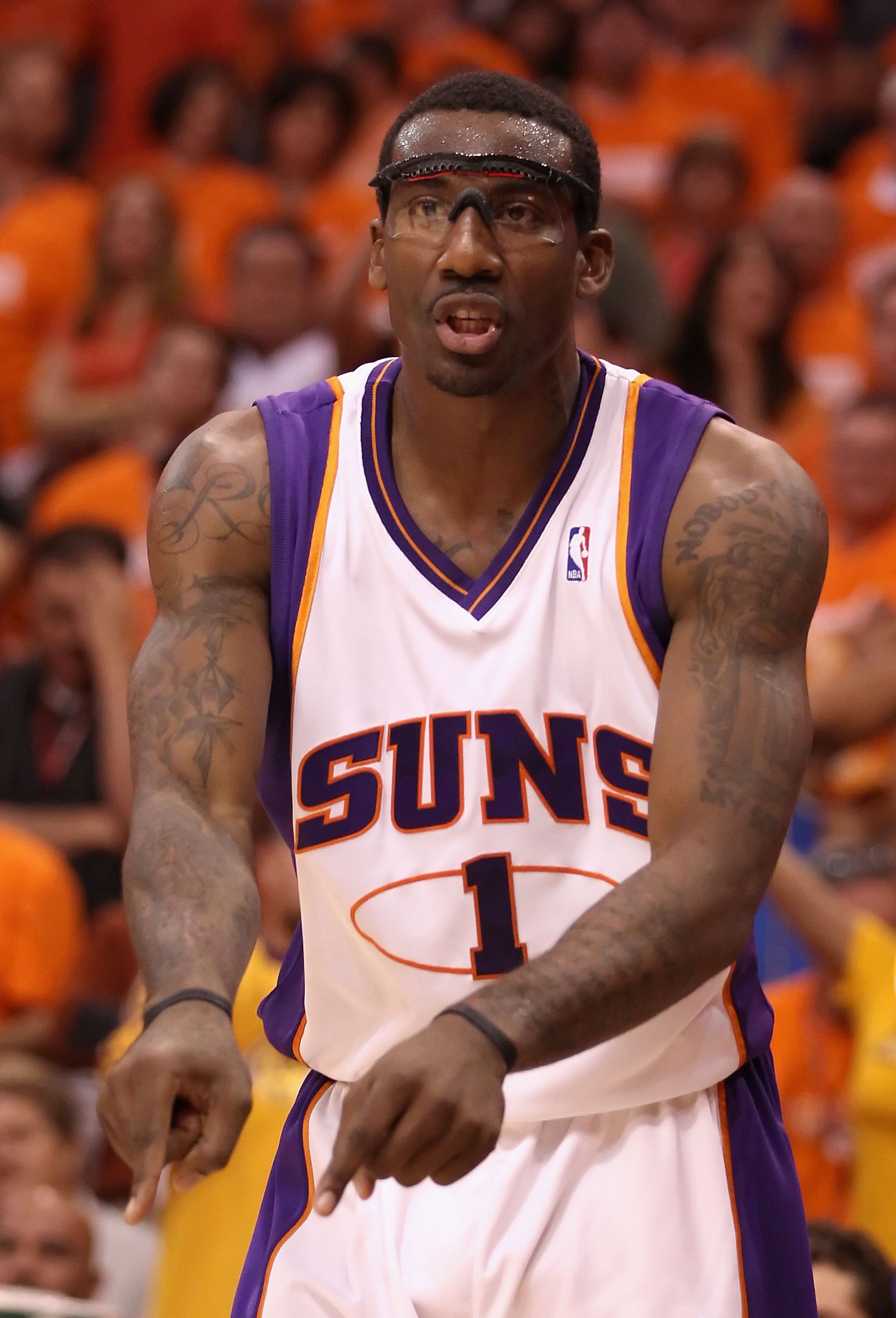 PHOENIX - MAY 23:  Amar'e Stoudemire #1 of the Phoenix Suns during Game Three of the Western Conference finals of the 2010 NBA Playoffs against the Los Angeles Lakers at US Airways Center on May 23, 2010 in Phoenix, Arizona. The Suns defeated the Lakers 1