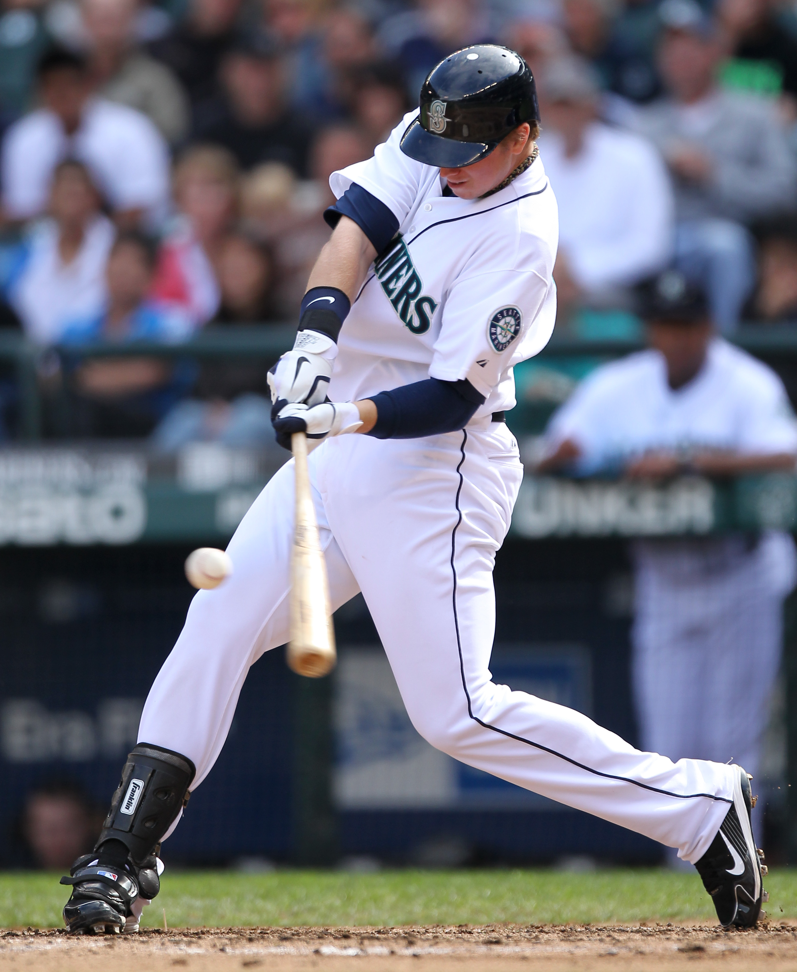 SEATTLE - SEPTEMBER 19:  Justin Smoak #17 of the Seattle Mariners bats against the Texas Rangers at Safeco Field on September 19, 2010 in Seattle, Washington. (Photo by Otto Greule Jr/Getty Images)