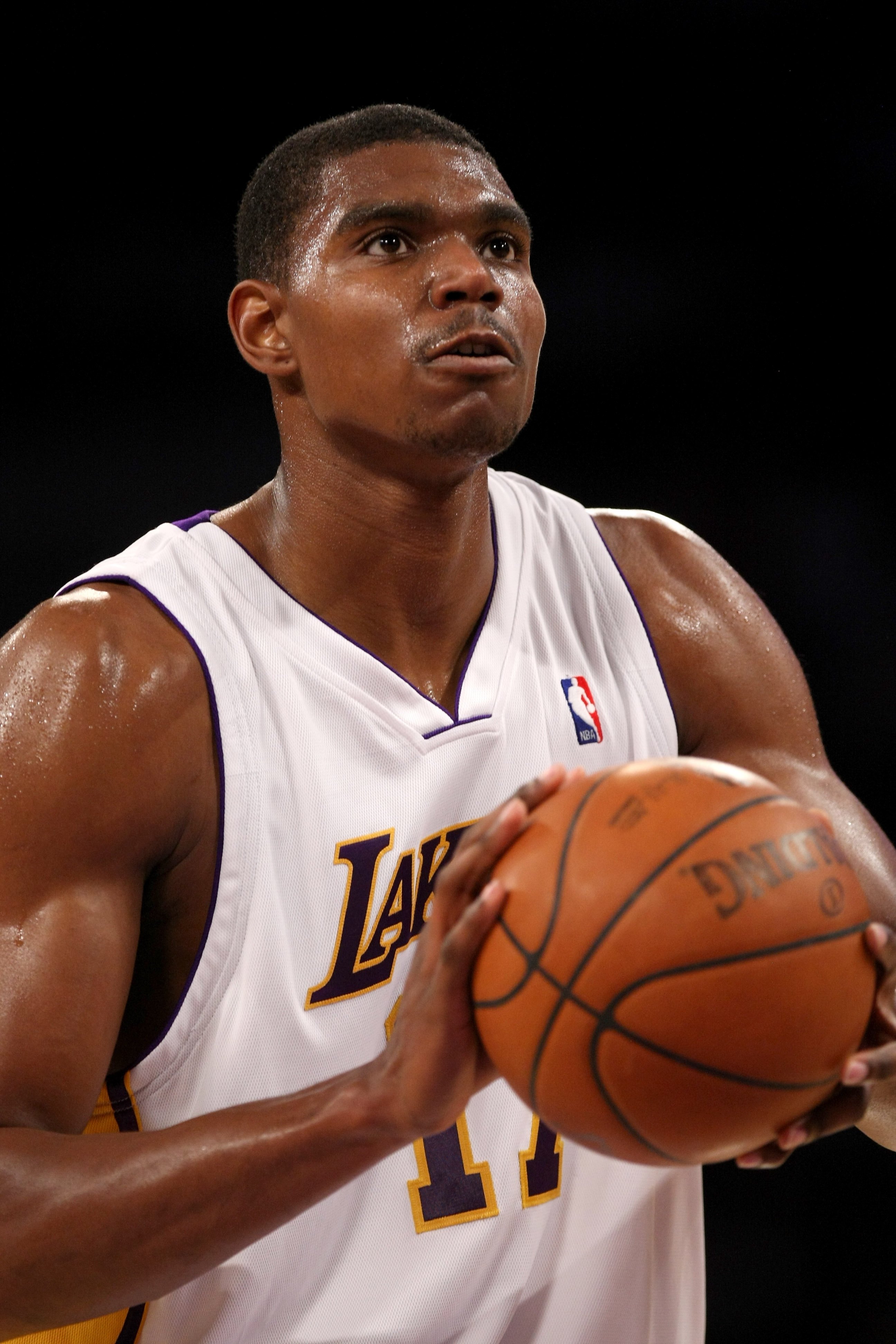 LOS ANGELES - NOVEMBER 15: Andrew Bynum #17 of  the Los Angeles Lakers takes a foul shot in the game with the Houston Rockets on November 15, 2009 at Staples Center in Los Angeles, California.  The Rockets won 101-91.  NOTE TO USER: User expressly acknowl