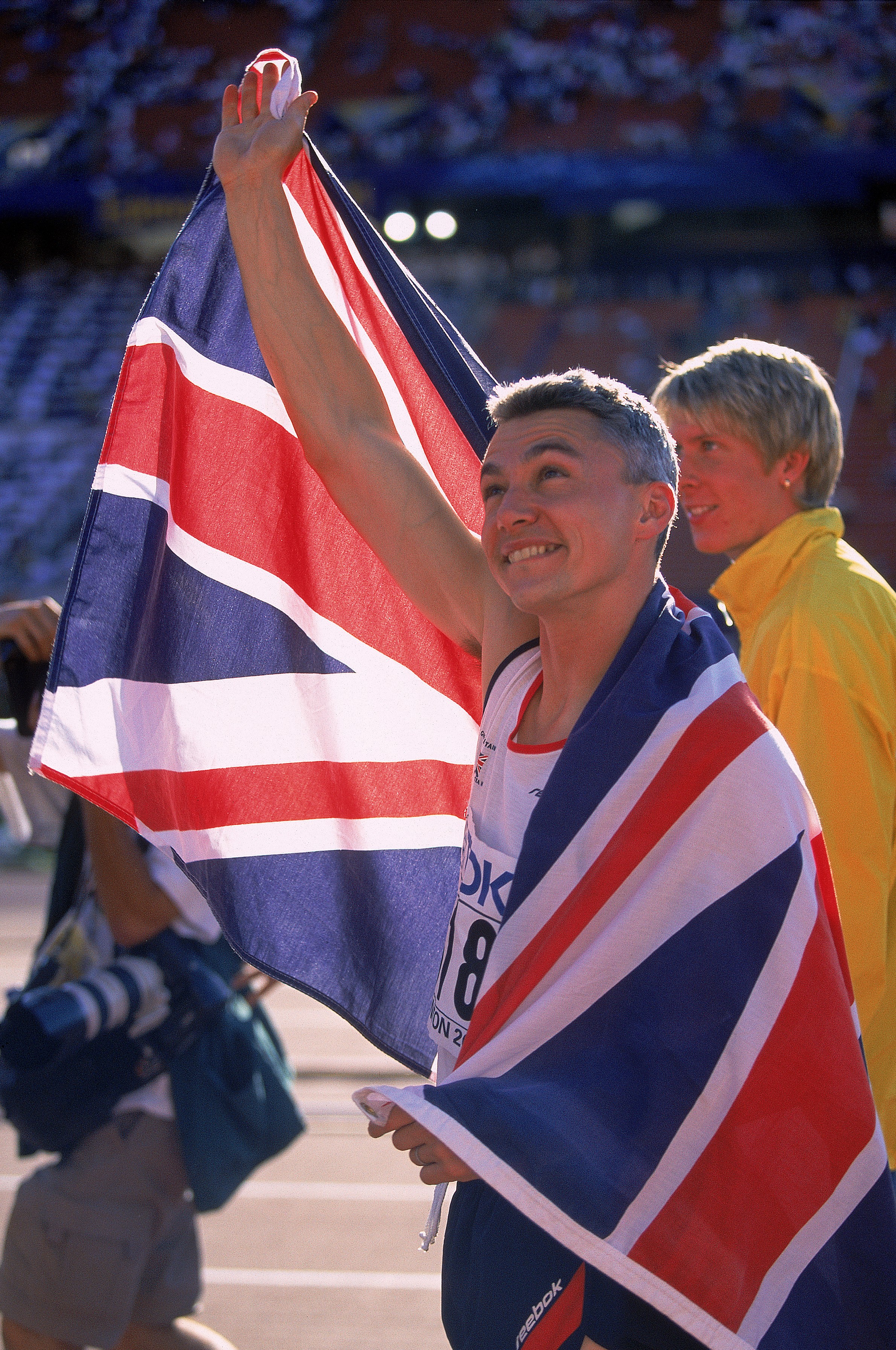 6 Aug 2001:  Jonathan Edwards of Great Britian celebrates during the Men's Triple Jump Event for the IAAF World Championships at the Commonwealth Stadium in Edmonton, Alberta, Canada.Mandatory Credit: Adam Pretty/AUS  /Allsport