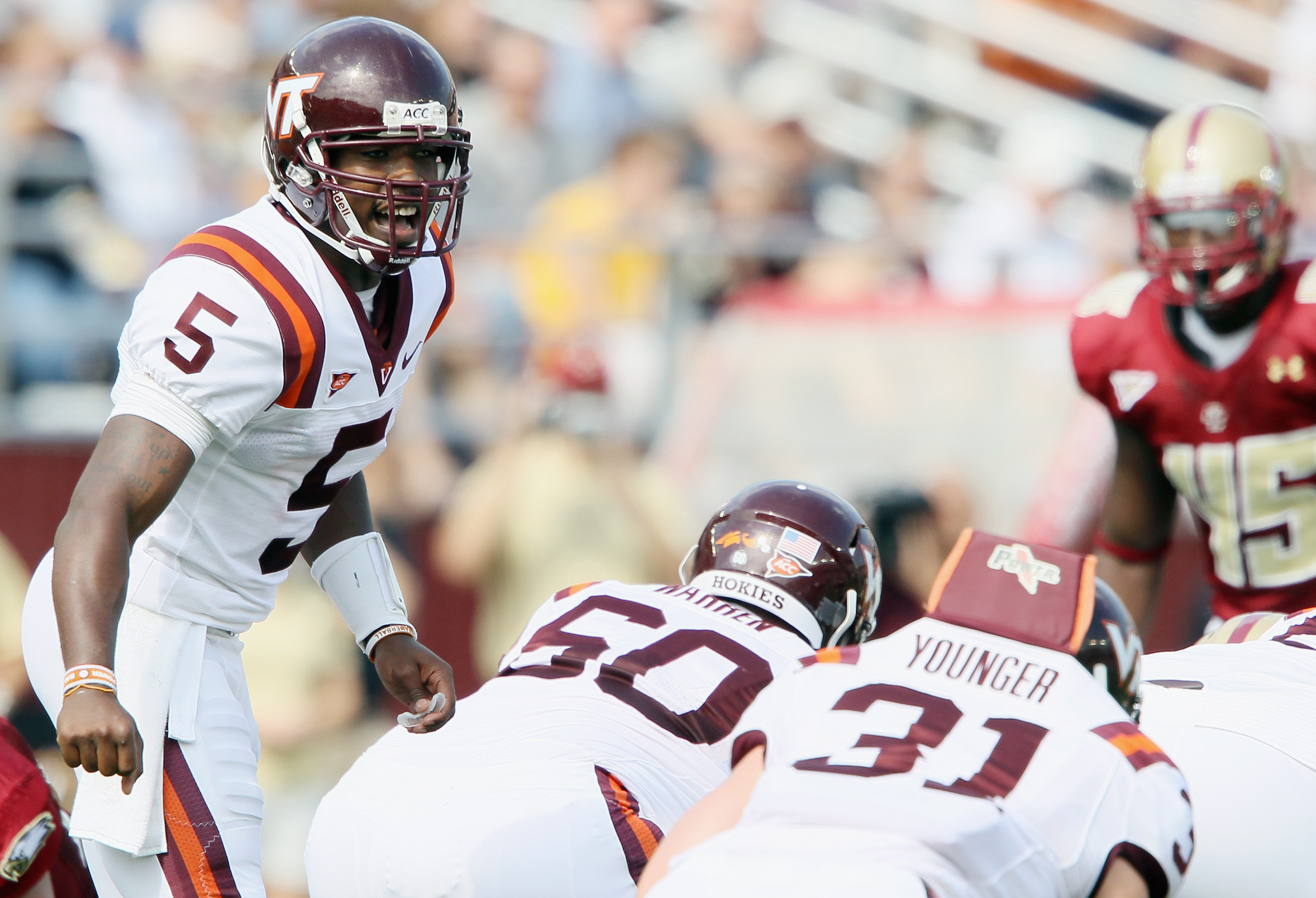 CHESTNUT HILL, MA - SEPTEMBER 25: Tyrod Taylor #5 of the Virginia Tech Hokies calls out the play in the first quarter against the Boston College Eagles on September 25, 2010 at Alumni Stadium in Chestnut Hill, Massachusetts. (Photo by Elsa/Getty Images)