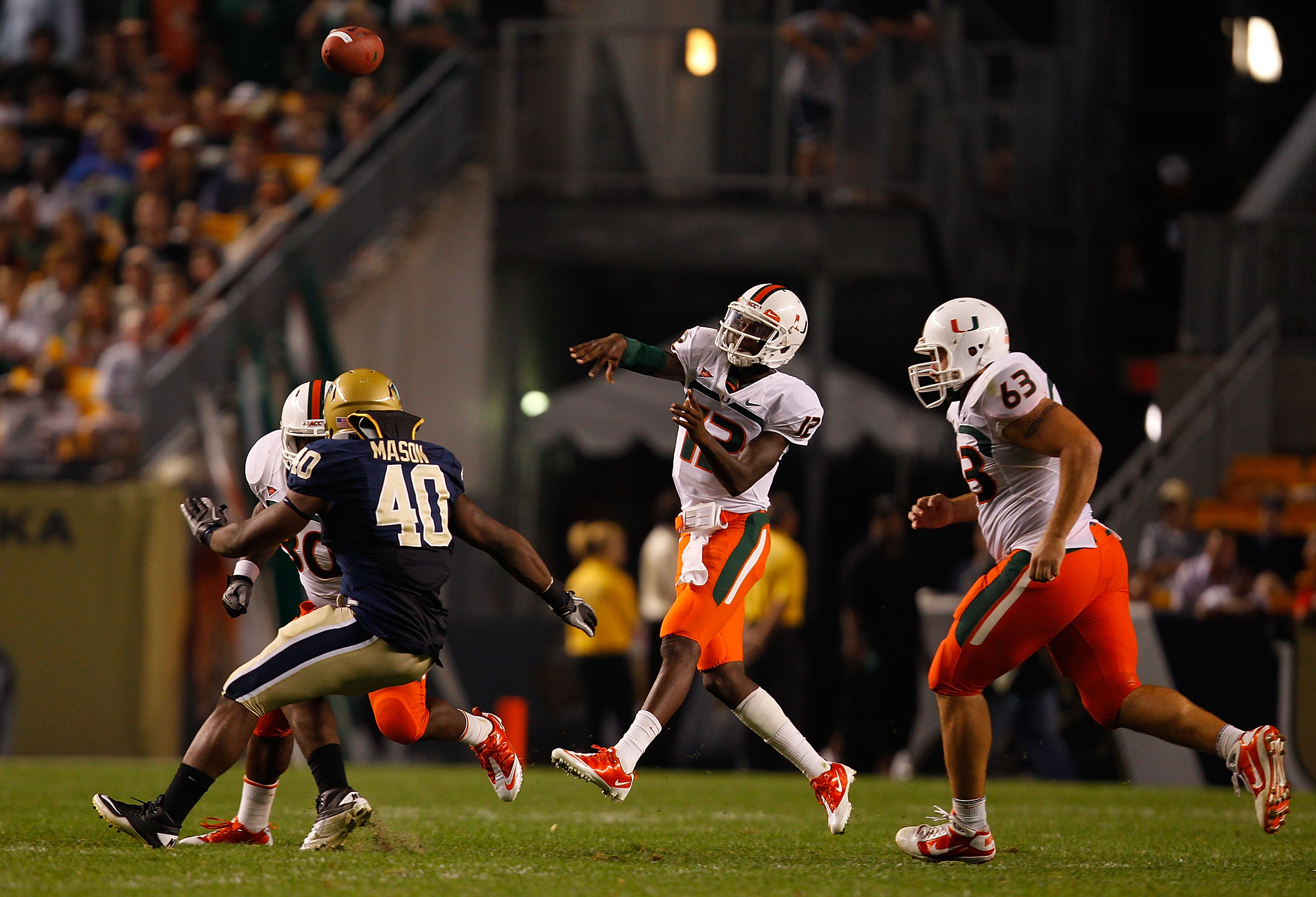 PITTSBURGH - SEPTEMBER 23: Jacory Harris #12 of the Miami Hurricanes throws a pass against the Pittsburgh Panthers on September 23, 2010 at Heinz Field in Pittsburgh, Pennsylvania. (Photo by Jared Wickerham/Getty Images)