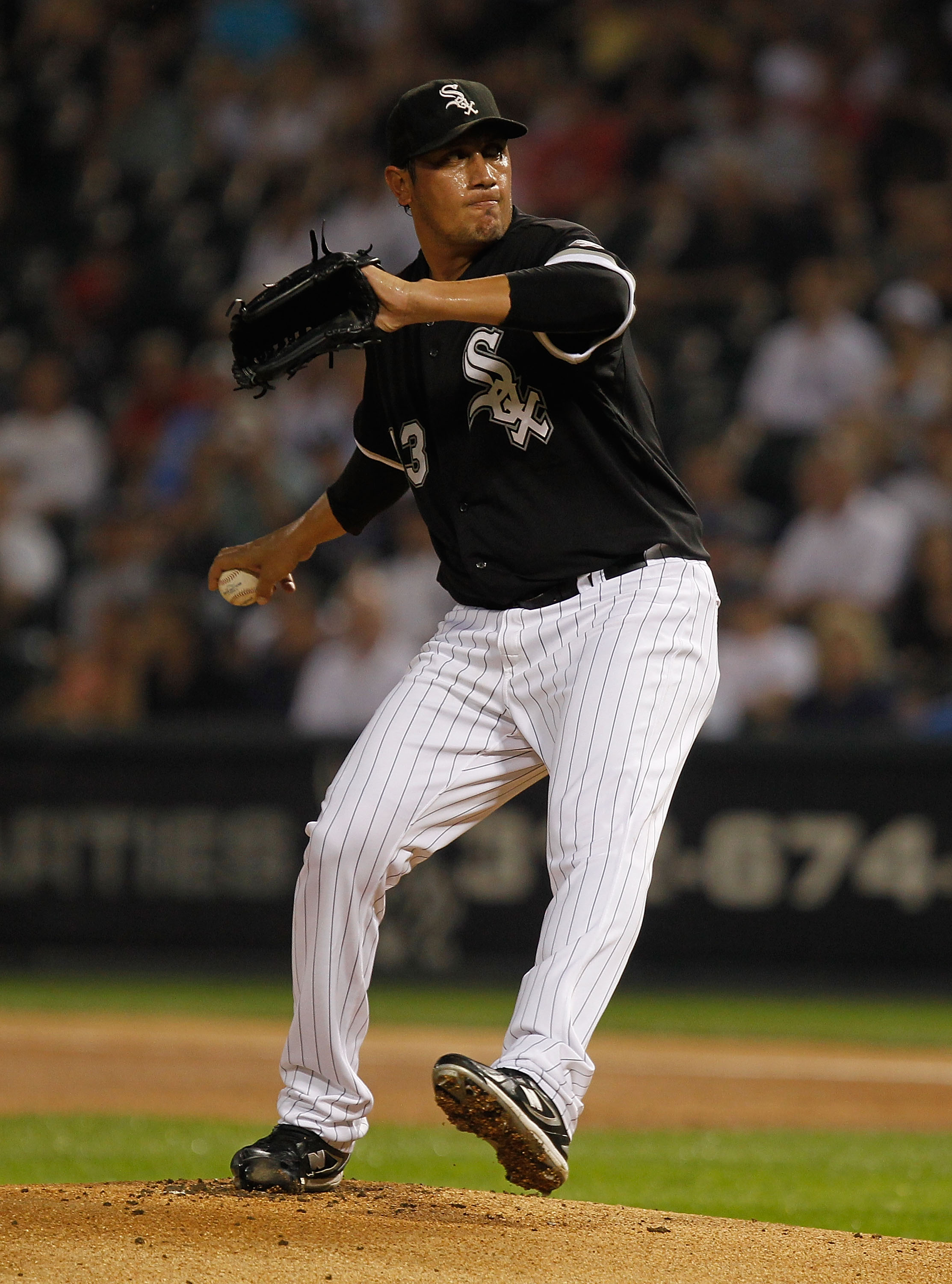 CHICAGO - JULY 07: Starting pitcher Freddy Garcia #43 of the Chicago White Sox delivers the ball against the Los Angeles Angels of Anaheim at U.S. Cellular Field on July 7, 2010 in Chicago, Illinois. The White Sox defeated the Angels 5-2. (Photo by Jonath