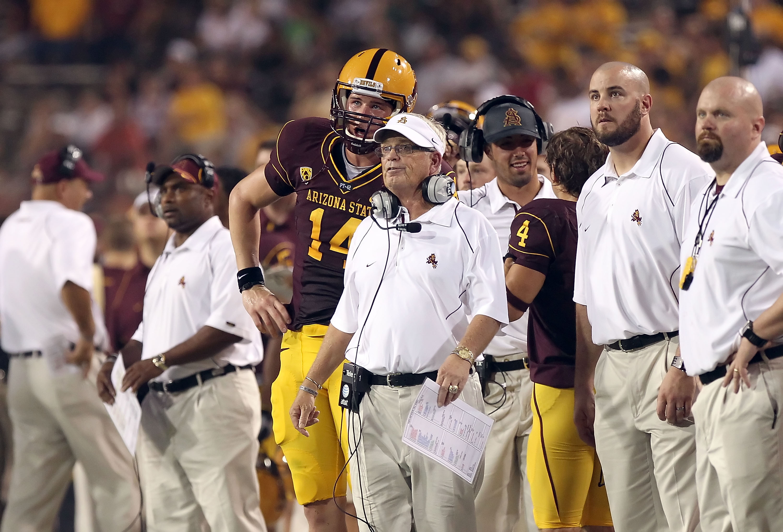 TEMPE, AZ - SEPTEMBER 04: Head coach Dennis Erickson of the Arizona State Sun Devils during the college football game against the Portland State Vikings at Sun Devil Stadium on September 4, 2010 in Tempe, Arizona. The Sun Devils defeated the Vikings 54-