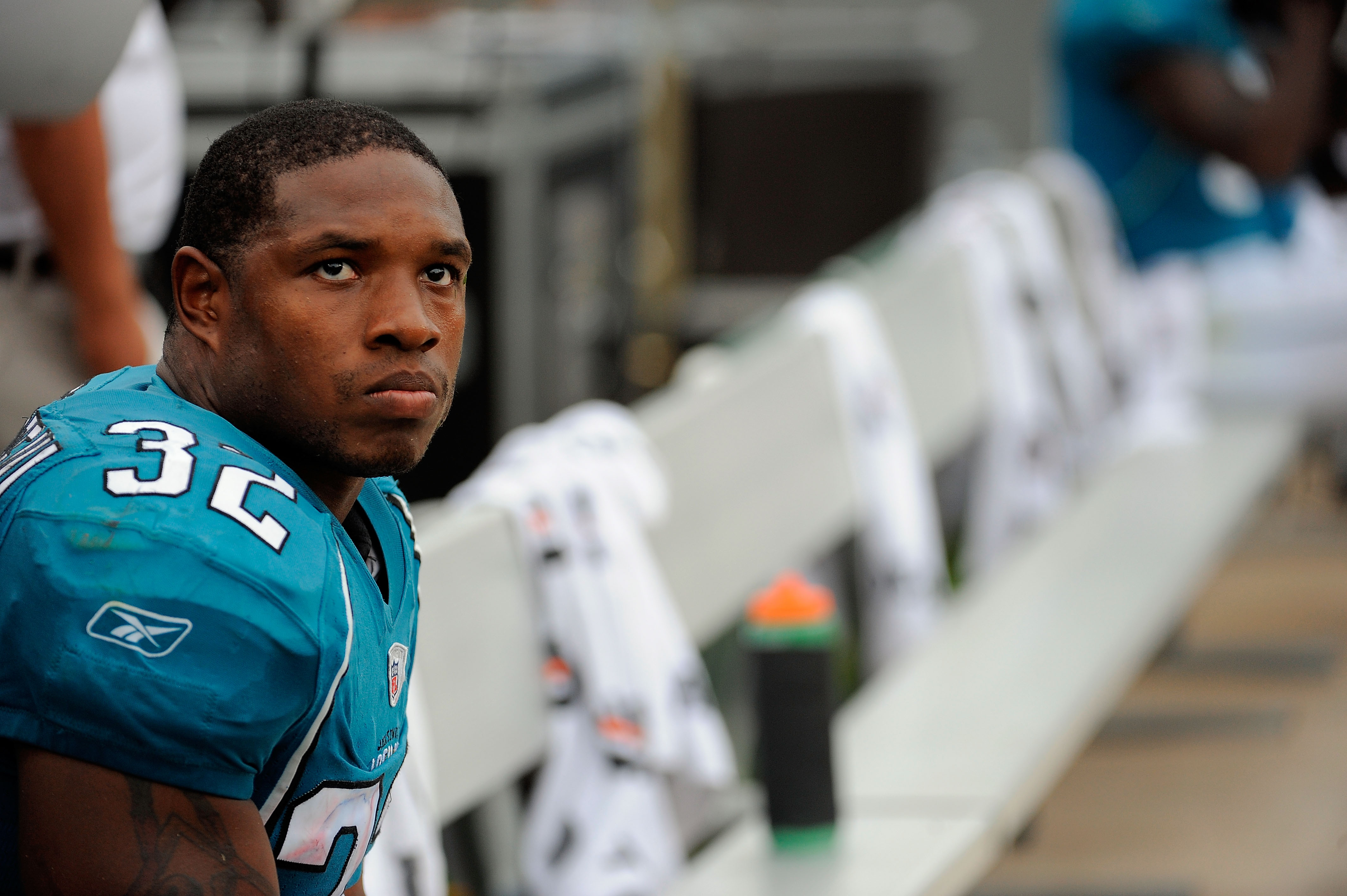 JACKSONVILLE, FL - SEPTEMBER 26:  Running back Maurice Jones-Drew #32 of the Jacksonville Jaguars sits on the sidelines watching his team take on the Philadelphia Eagles at EverBank Field on September 26, 2010 in Jacksonville, Florida. The Eagles defeated