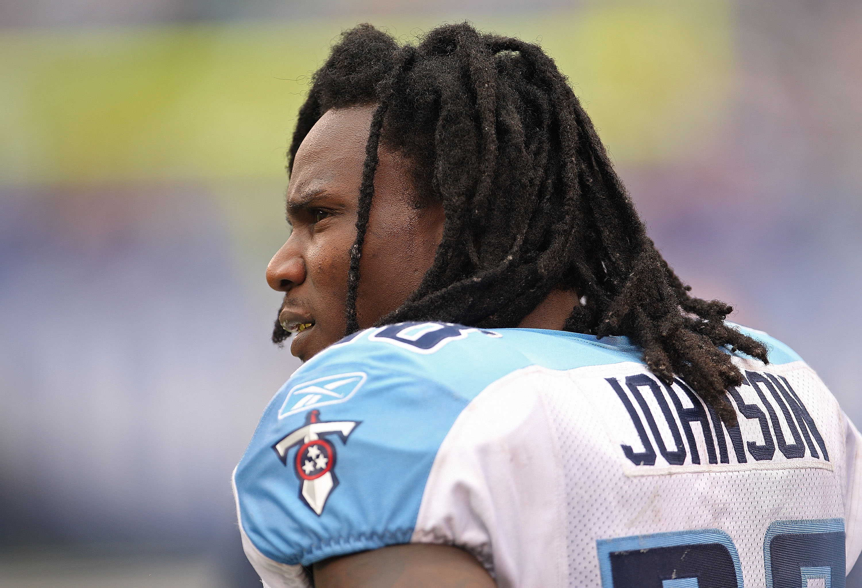 EAST RUTHERFORD, NJ - SEPTEMBER 26:  Chris Johnson #28 of the Tennessee Titans waits on the sidelines during a game against the New York Giants at New Meadowlands Stadium on September 26, 2010 in East Rutherford, New Jersey.  (Photo by Mike Ehrmann/Getty