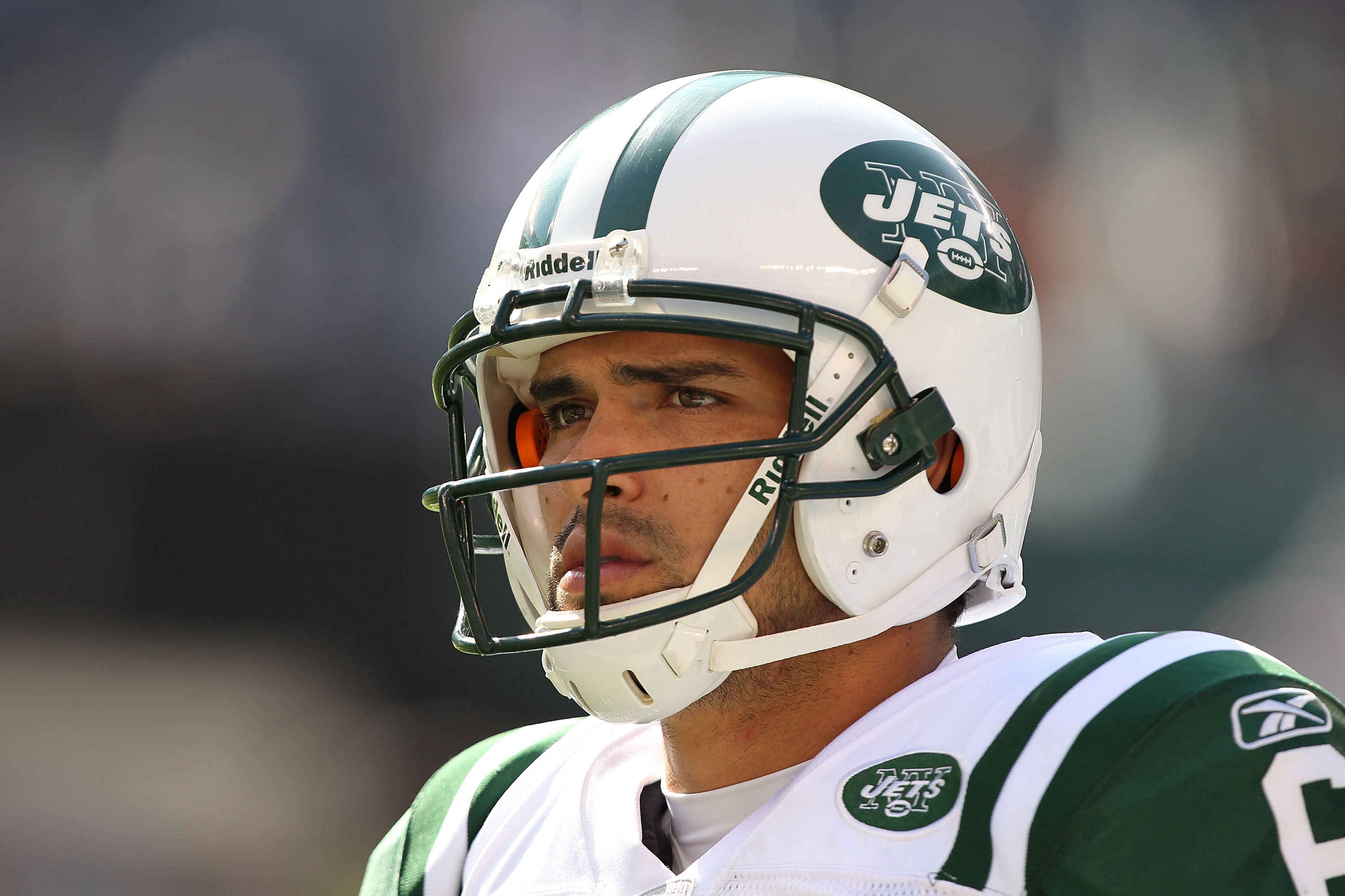 EAST RUTHERFORD, NJ - SEPTEMBER 19:  Mark Sanchez #6 of the New York Jets looks on during warmups prior to the game against the New England Patriots on September 19, 2010 at the New Meadowlands Stadium  in East Rutherford, New Jersey.  (Photo by Al Bello/