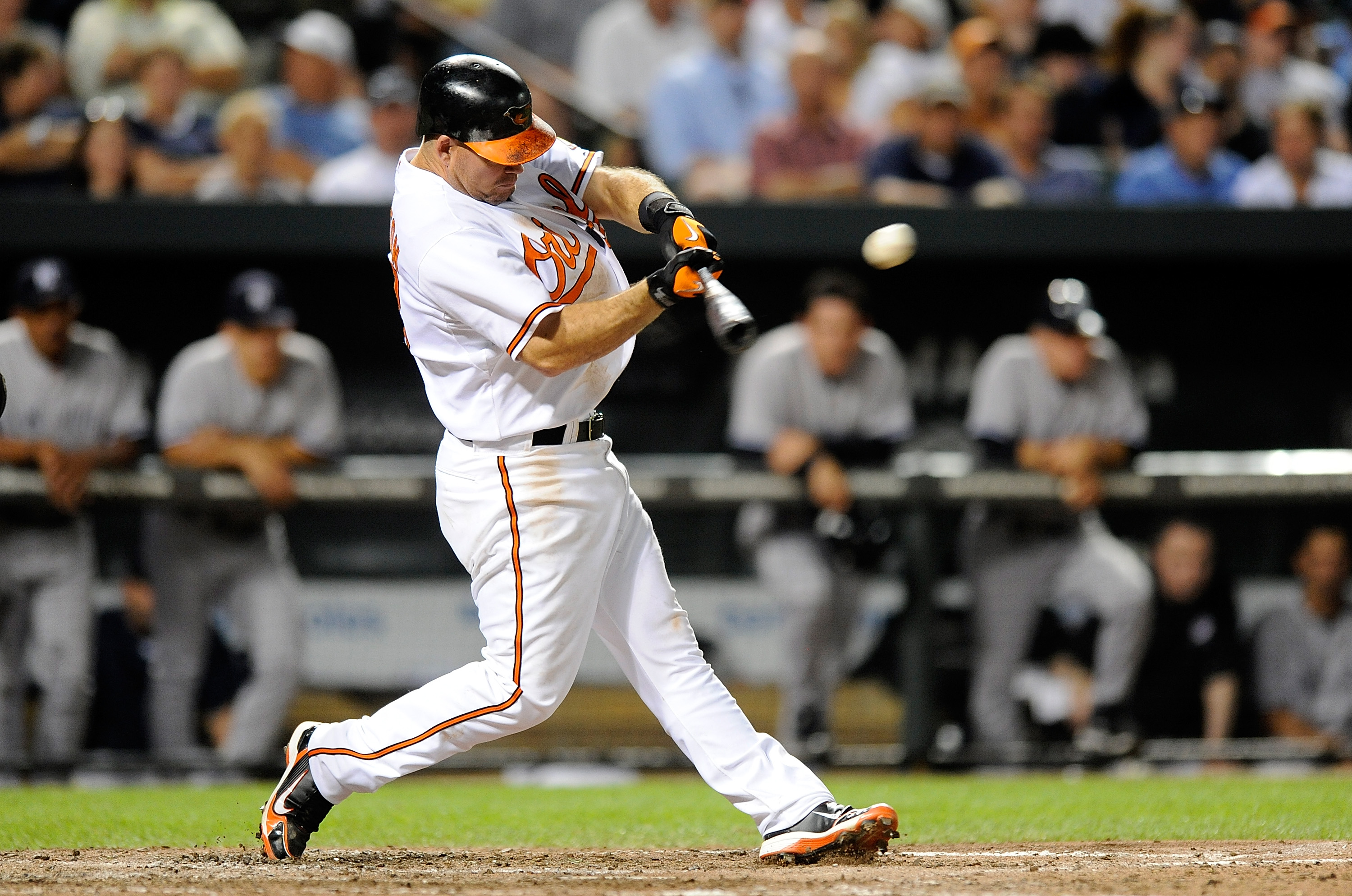 BALTIMORE - JUNE 10: Ty Wigginton #23 of the Baltimore Orioles hits a single in the seventh inning against the New York Yankees at Camden Yards on June 10, 2010 in Baltimore, Maryland. (Photo by Greg Fiume/Getty Images)
