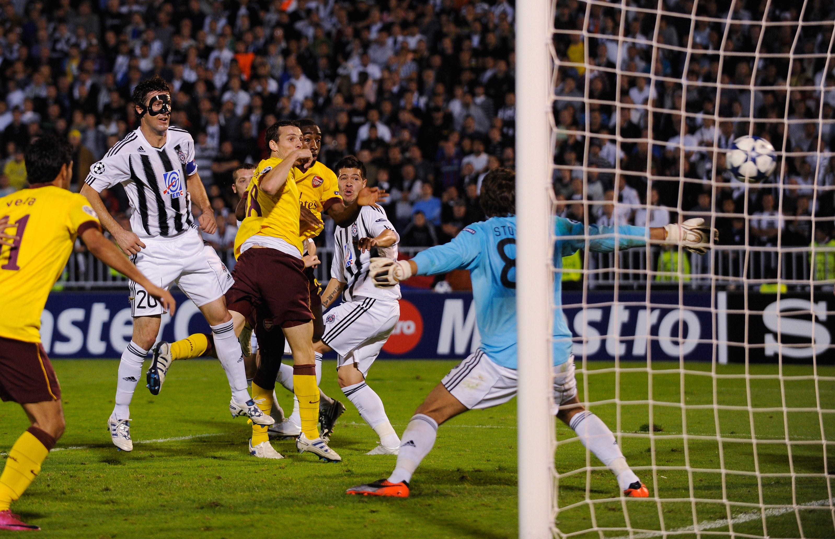 BELGRADE, SERBIA - SEPTEMBER 28:  Sebastien Squillaci of Arsenal scores his team's third goal during the UEFA Champions League Group H match between FK Partizan and Arsenal at the Partizan Stadium on September 28, 2010 in Belgrade, Serbia.  (Photo by Mich