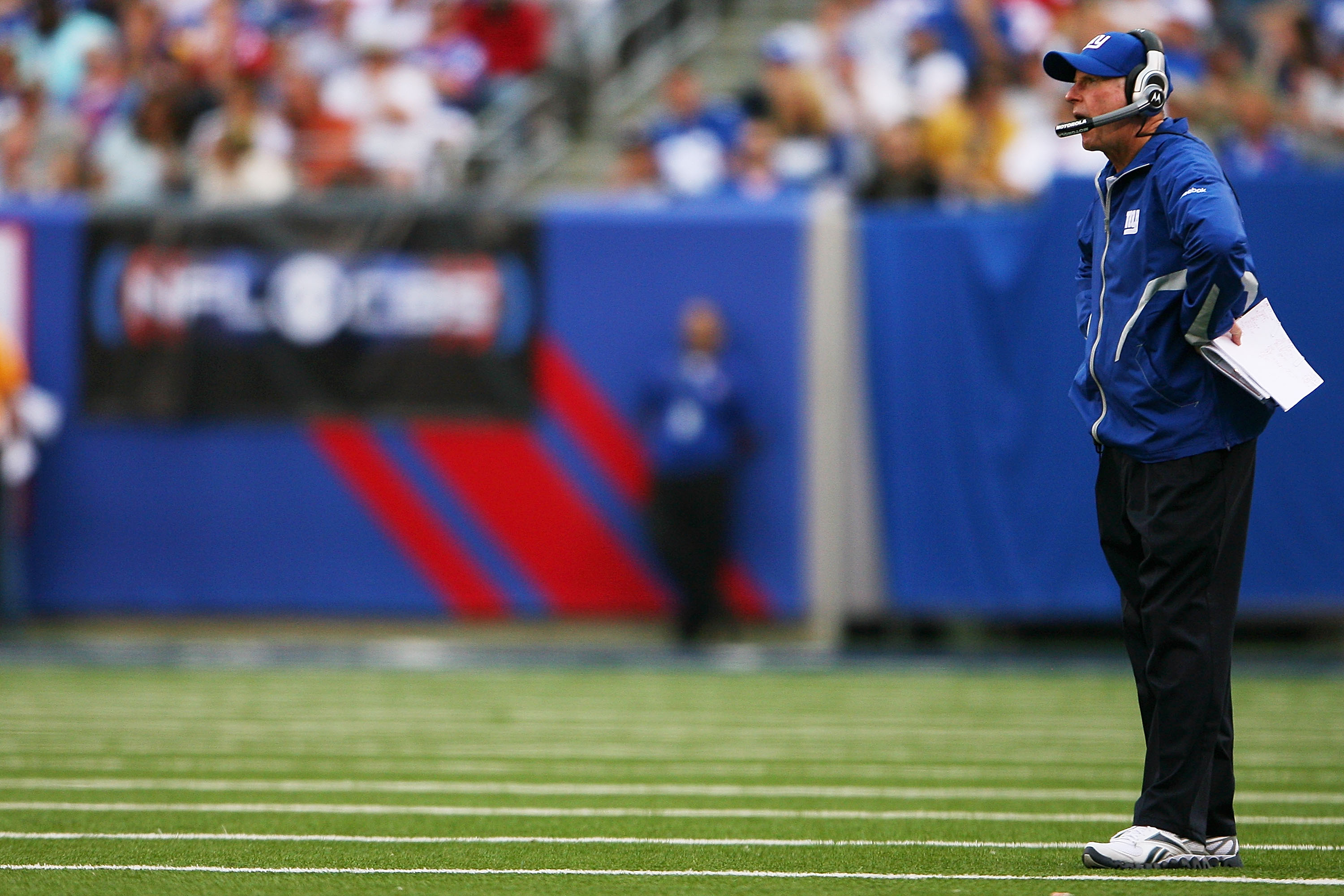 EAST RUTHERFORD, NJ - SEPTEMBER 26: Head coach Tom Coughlin of the New York Giants yells after a penalty during a game against the Tennessee Titans at New Meadowlands Stadium on September 26, 2010 in East Rutherford, New Jersey. The Titans beat the Giants