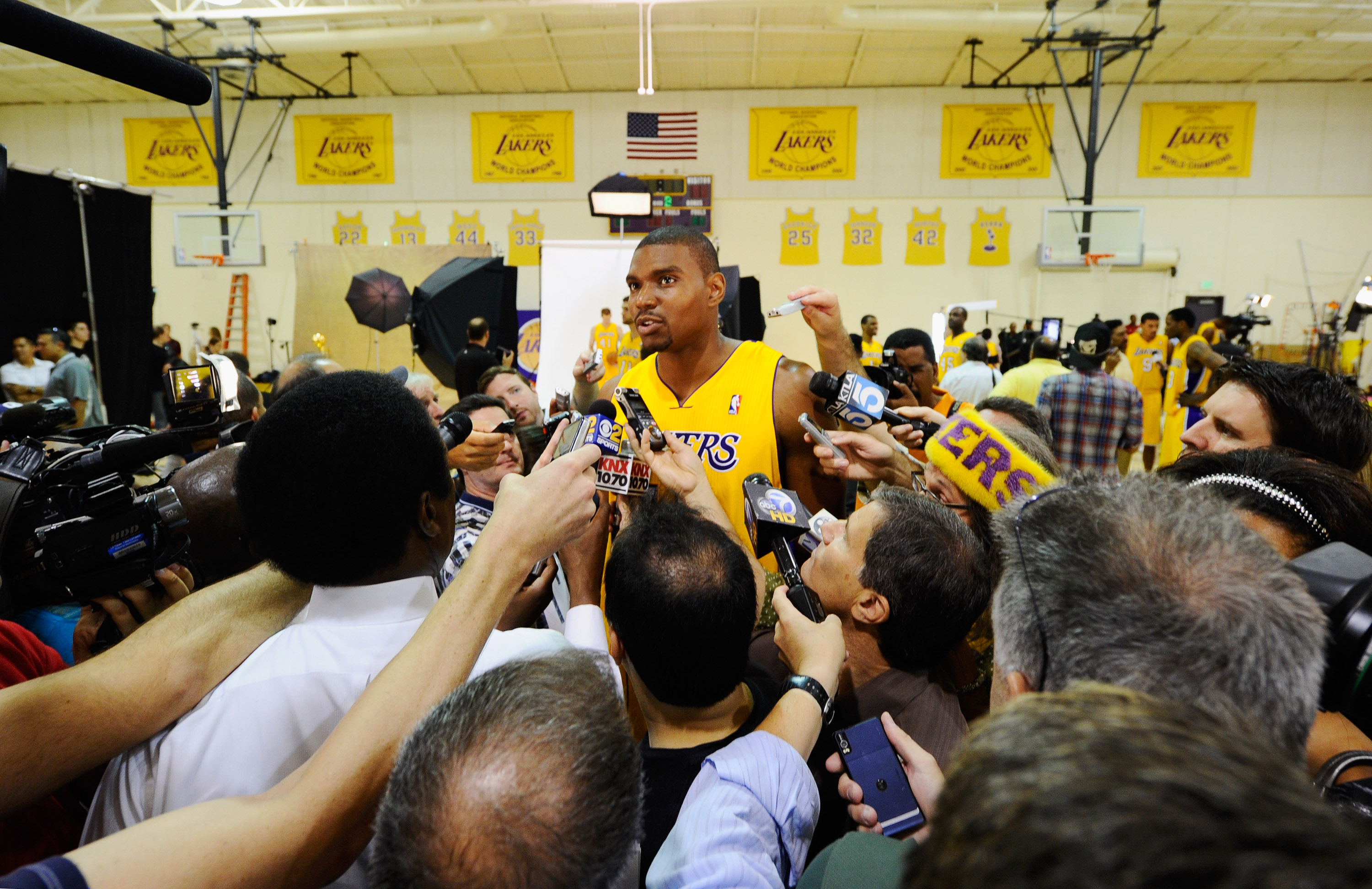 EL SEGUNDO, CA - SEPTEMBER 25:  Andrew Bynum #17 of the Los Angeles Lakers speaks to reporters at a news conference during Media Day at the Toyota Center on September 25, 2010 in El Segundo, California. NOTE TO USER: User expressly acknowledges and agrees