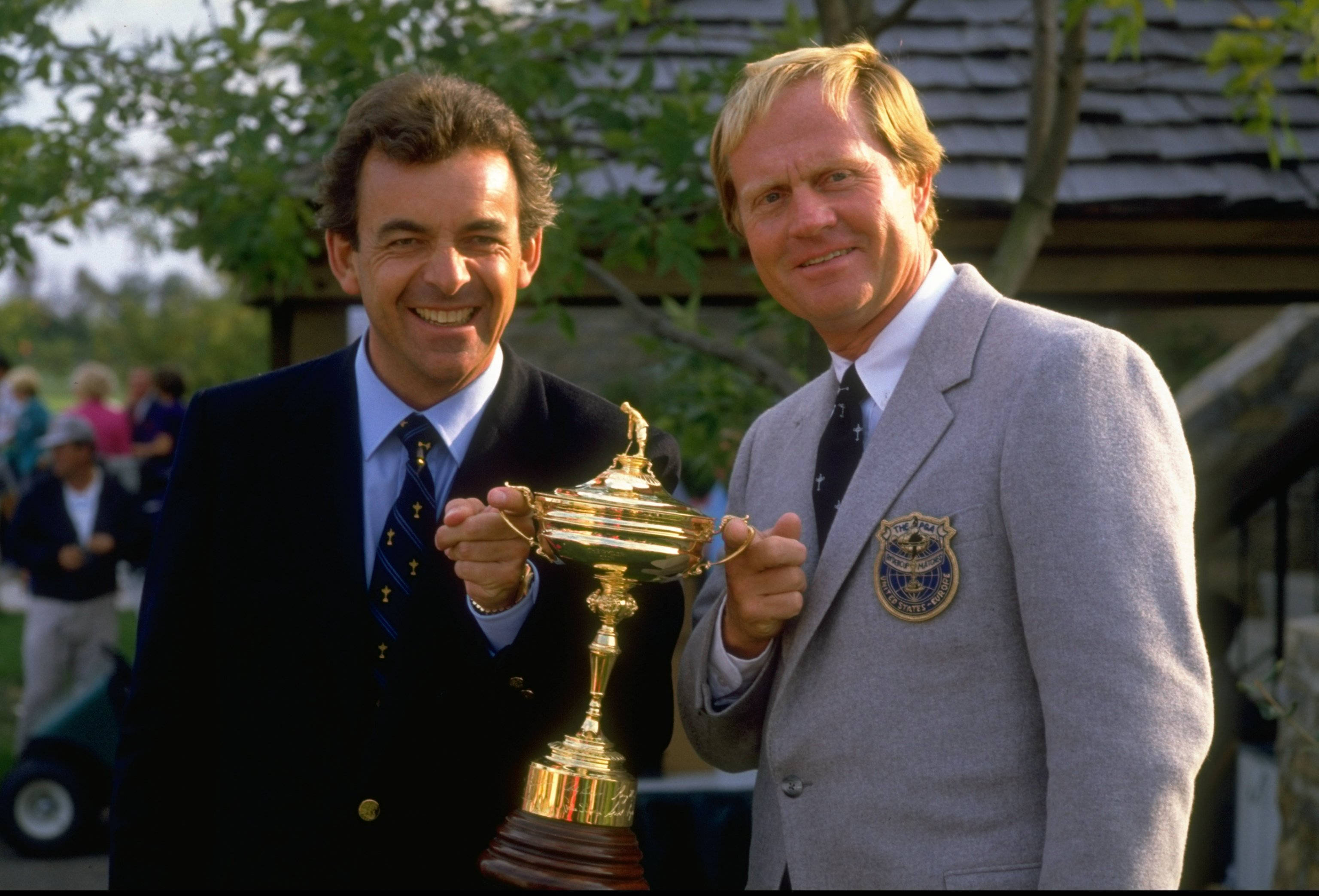 1987:  Team Captains Tony Jacklin (left) of England and Jack Nicklaus (right) of the USA hold the trophy before the Ryder Cup at Muirfield Village in Ohio, USA. Europe won the event with a score of 15-13.  \ Mandatory Credit: David  Cannon/Allsport