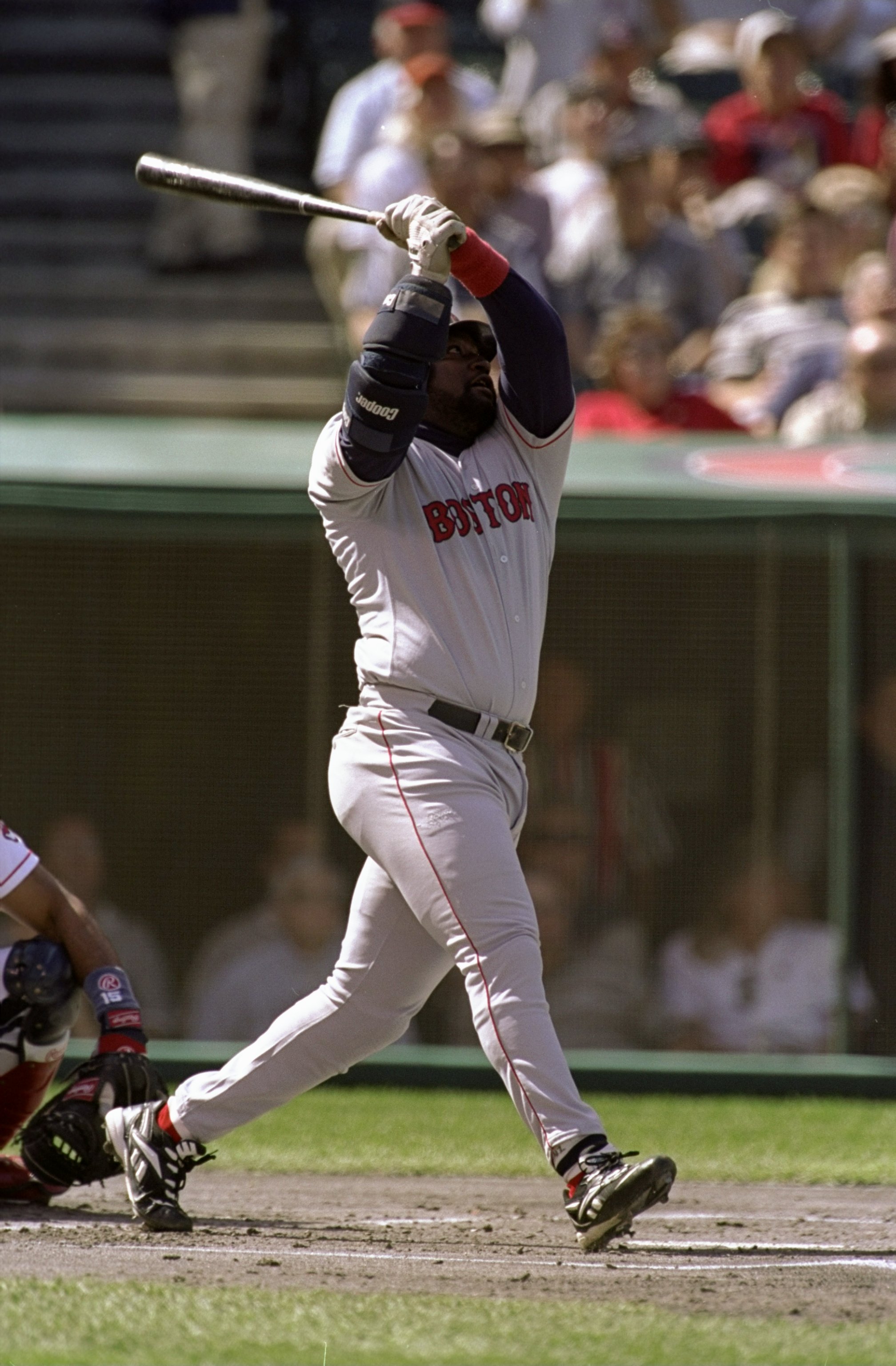 29 Sep 1998:  Infielder Mo Vaughn #42 of the Boston Red Sox in action during the American League Division Playoff Series Game 1 against the Cleveland Indians at Jacobs Field in Cleveland, Ohio. The Red Sox defeated the Indians 11-3. Mandatory Credit: Jona