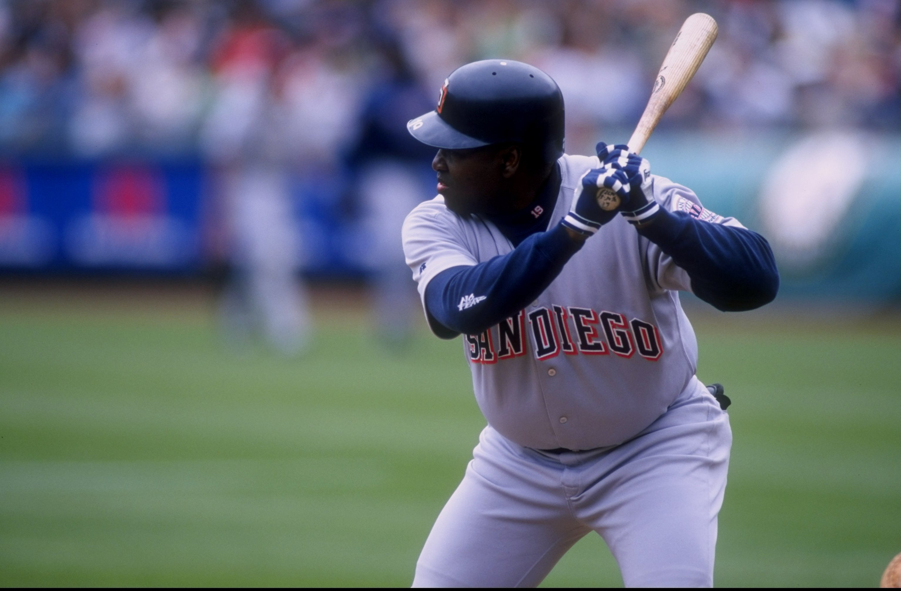 30 Jun 1998:  Outfielder Tony Gwynn #19 of the San Diego Padres in action during an interleague game against the Oakland Athletics at Oakland Coliseum in Oakland, California.  The Athletics won the game,  12-10. Mandatory Credit: Otto Greule Jr.  /Allspor