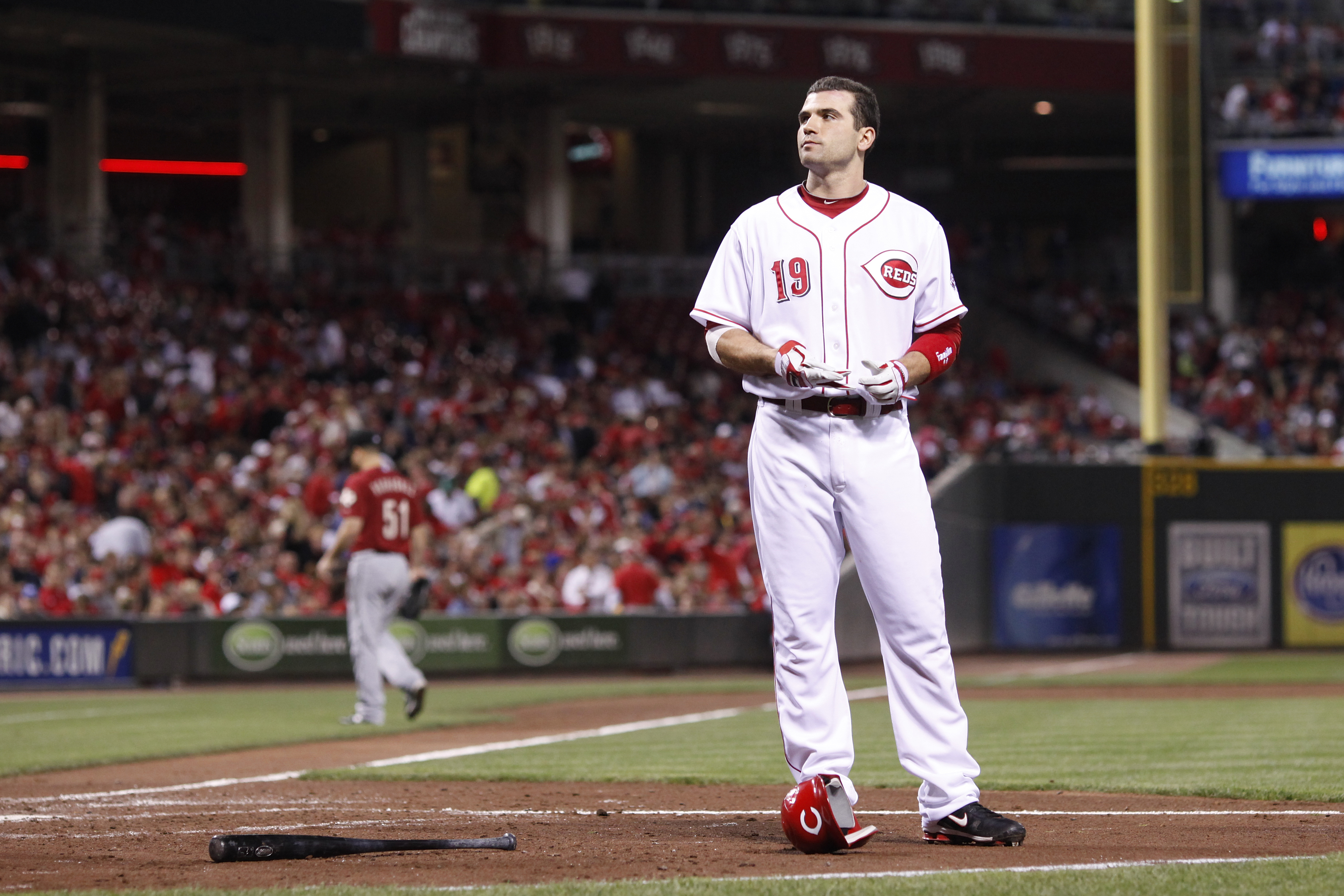 CINCINNATI, OH - SEPTEMBER 28: Joey Votto #19 of the Cincinnati Reds looks on after striking out against the Houston Astros at Great American Ball Park on September 28, 2010 in Cincinnati, Ohio. The Reds won 3-2 to clinch the NL Central Division title. (P